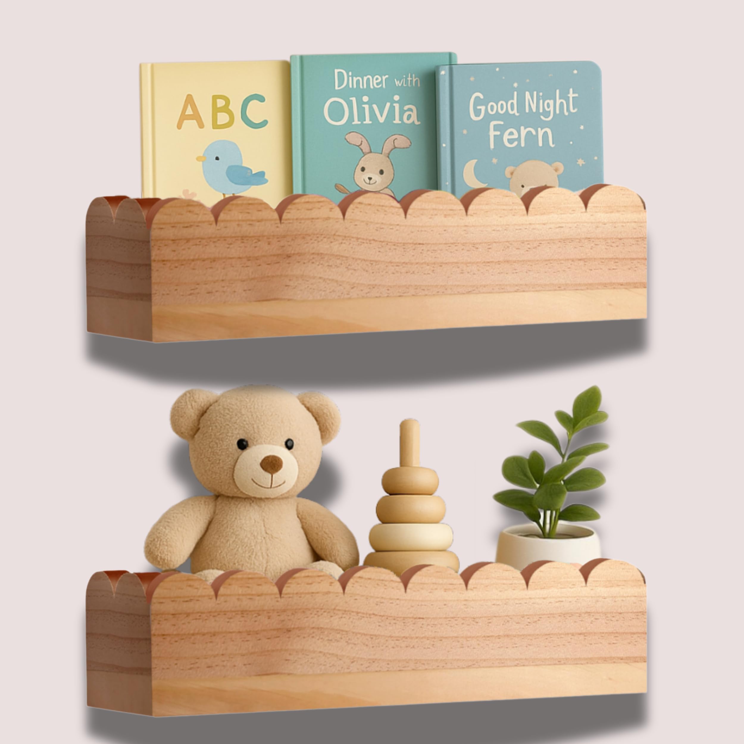 Green Goods Supply Scalloped Shelves - Set of 2 Pre-Assembled 15.6inch Floating Nursery Book Shelves, Scalloped Book Shelf - Kids Wall Bookshelf,