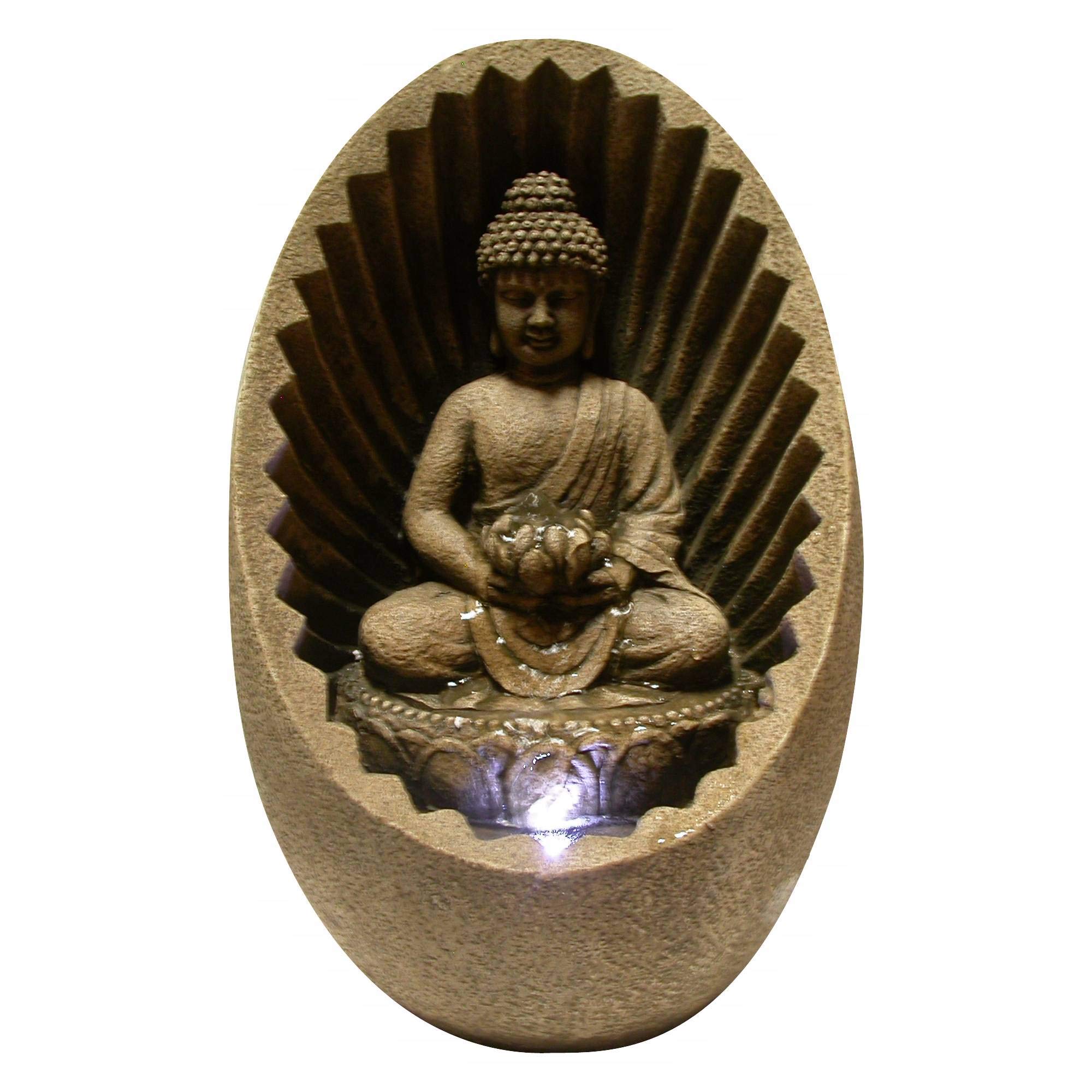 11" Tall Indoor/Outdoor Buddha Tabletop Water Fountain with LED Lights, Beige