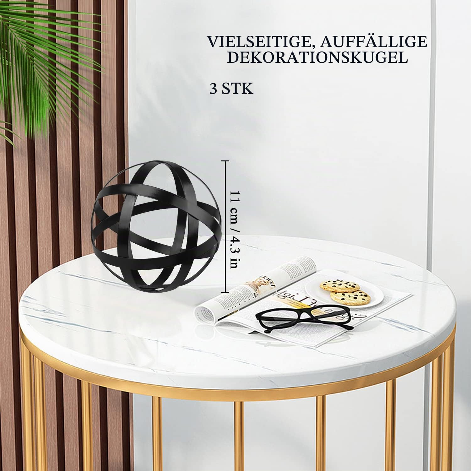 YiYa Schwarze dekorative Kugeln 3 Set – Metallkugel Dekoration – Metallband Dekokugel – Metallkugel Tischdekoration für Wohnzimmer Schlafzimmer Küche Büro Couchtisch Schreibtisch