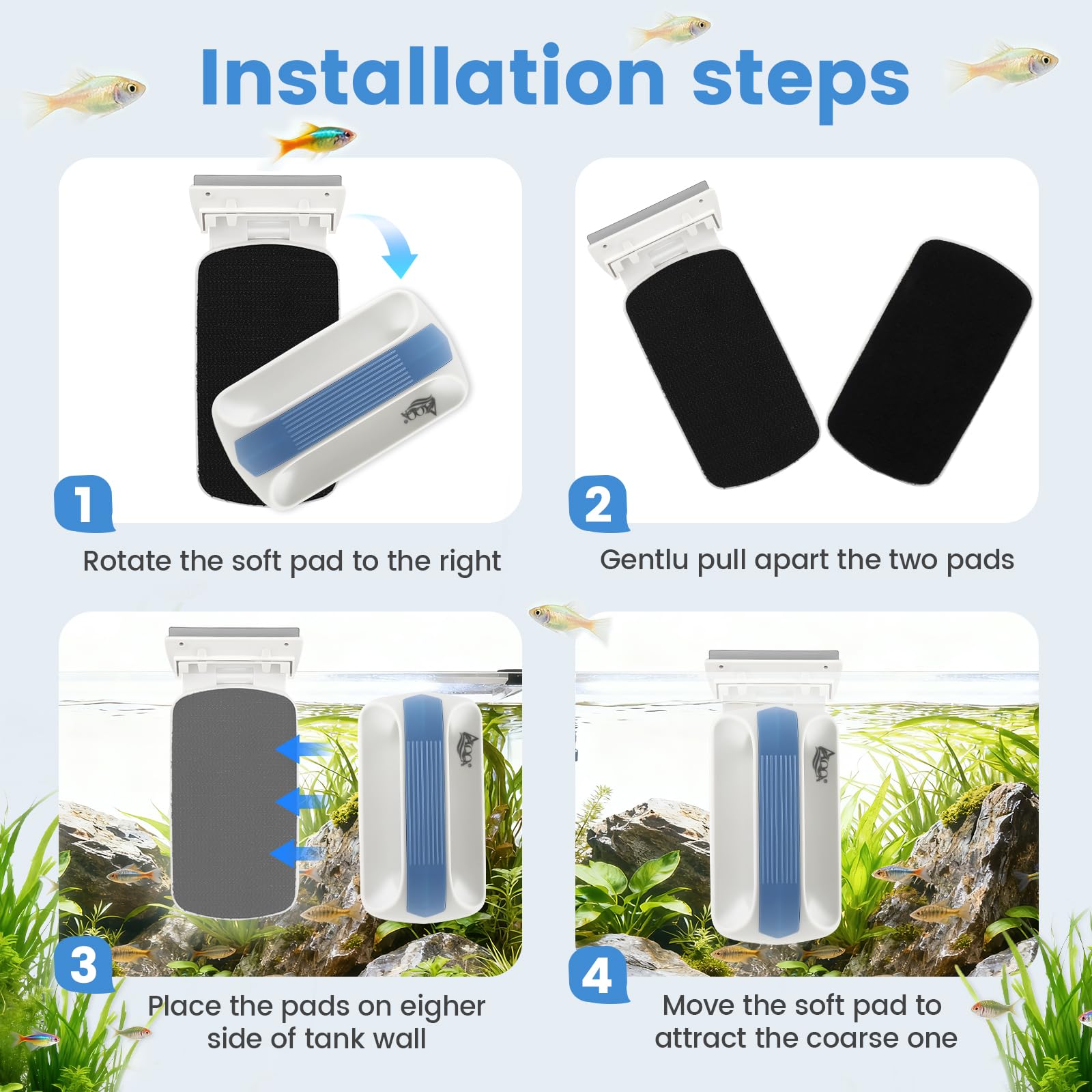 AQQA Aquarium Magnet Scheibenreiniger,Starke Aquarium Alge Reinigungs Magnet Bürste Reiniger,Fish Tank Glasreiniger Reinigungswerkzeug mit 2 Abnehmbarem Schaber