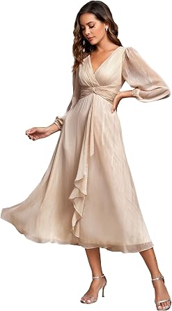 Ever-Pretty Womens Elegant Formal Evening Dress A-Line Ruched V-Neck Long Sleeves Tea-Length Wedding Guest Dresses
