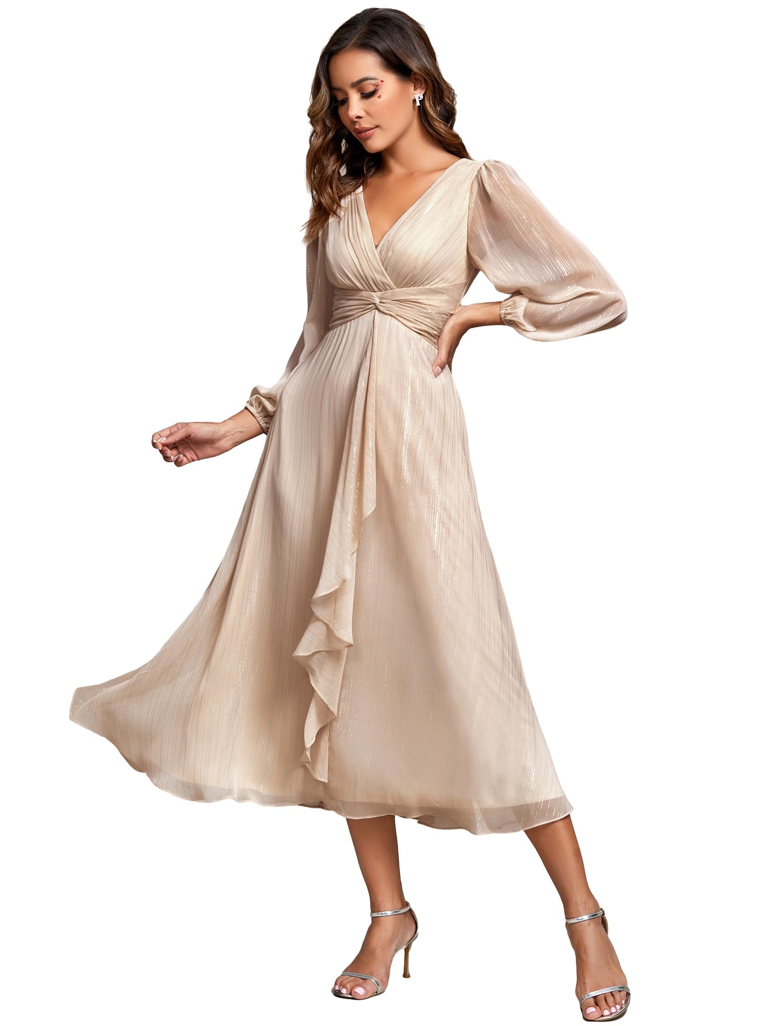 Women's Elegant Formal Evening Dress A-Line Ruched V-Neck Long Sleeves Tea-Length Wedding Guest Dresses