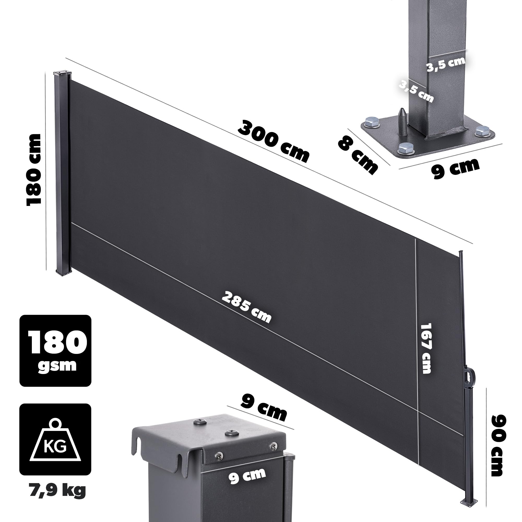 KADAX Markiza boczna 180 x 300 cm, wysuwana, jako ochrona przed słońcem i wiatrem, na balkon, taras i do ogrodu, z poliestru i spojrzeniami, z kasetą (ciemnoszara)