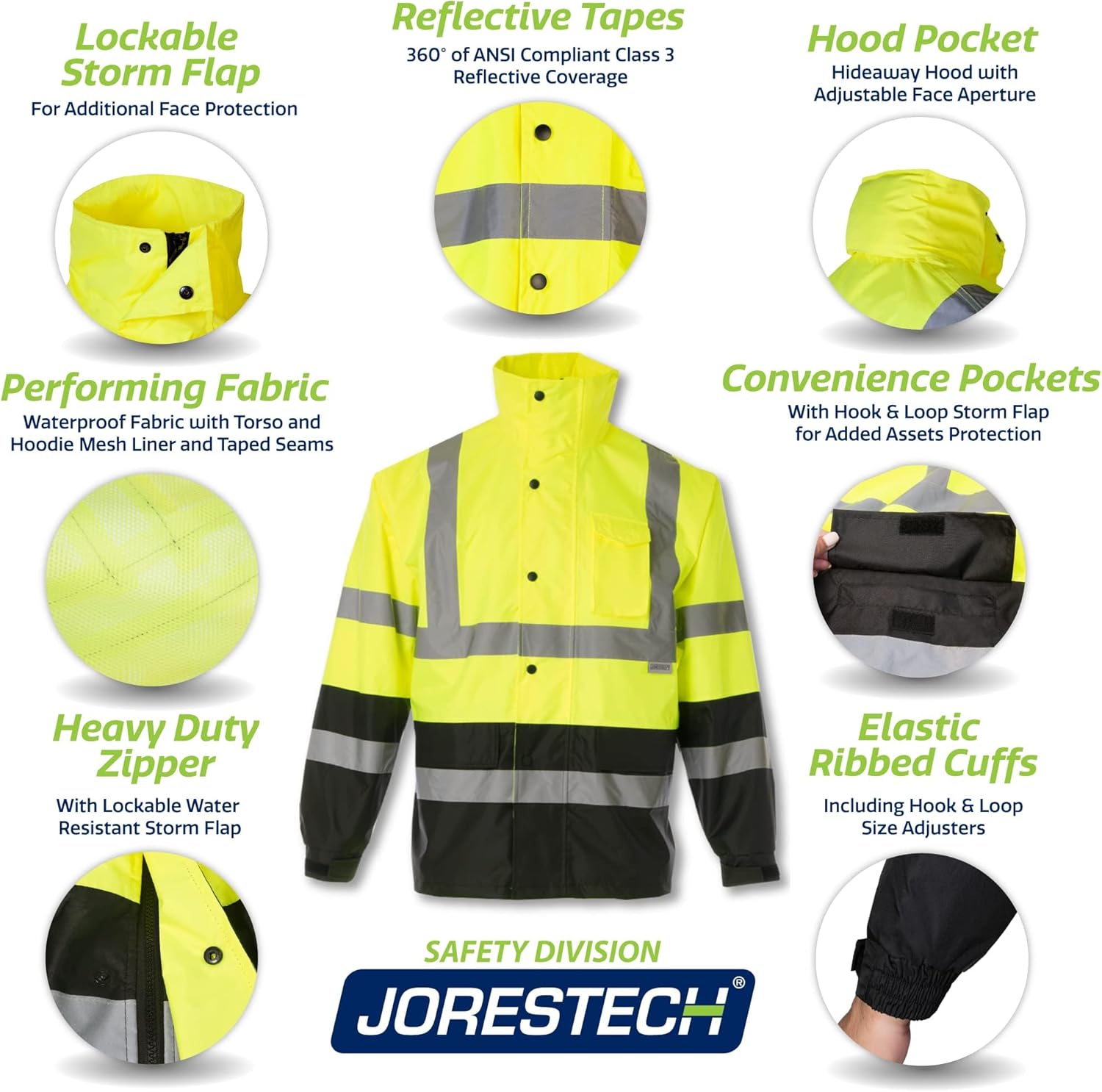 JORESTECH Safety Men's Rain Set with Hi Vis Jacket with hood, with Reflective Stripe, Dirt-concealing Black Bottom Pants