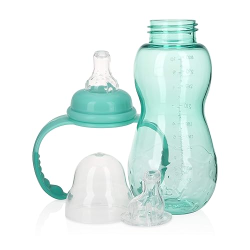 Nuby New 80387 - Botella de tritán ultra duradera de 3 etapas sin derrames 10 onzas verde azulado 80387
