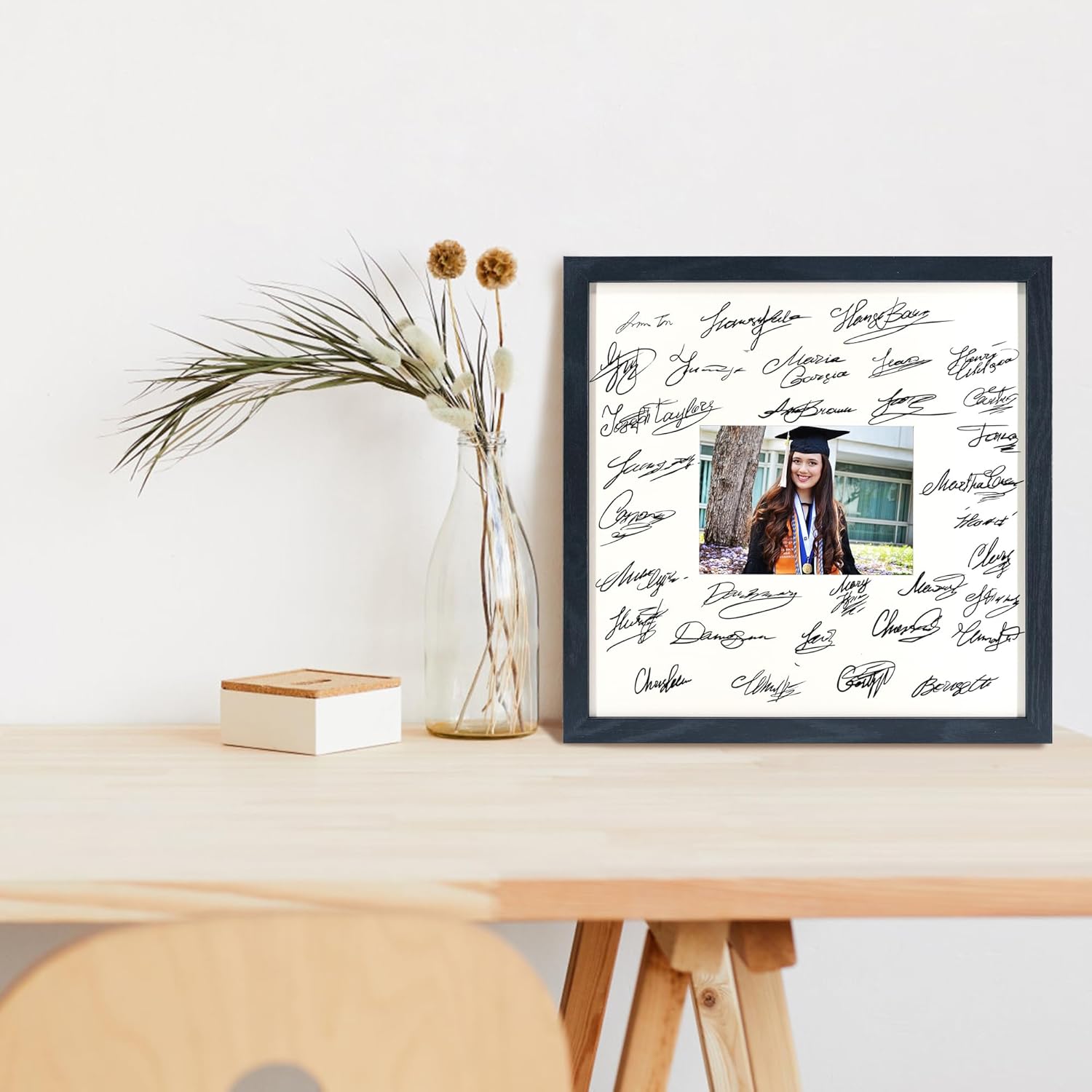 GraduatePro 14x14 Signature Picture Frame Board for 5x7 Photo with Signable Mat for Birthday Party Graduation Party Table Decoration Wedding Guest Book
