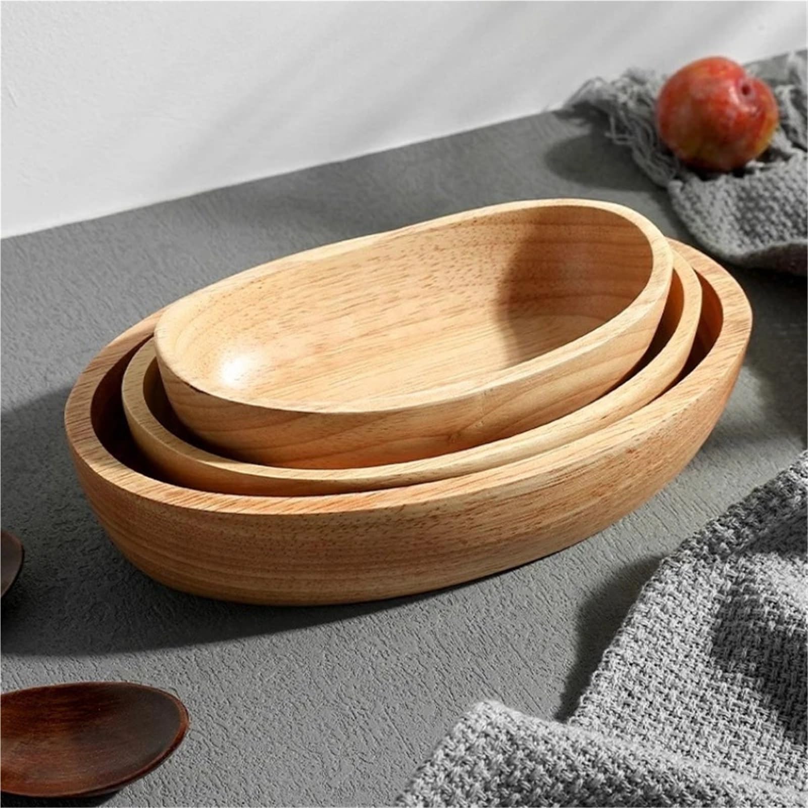 Frutero Madera Ensaladera de madera maciza gruesa con forma barco, cuenco grande for frutas y postres, vajilla(20x4.5cm)