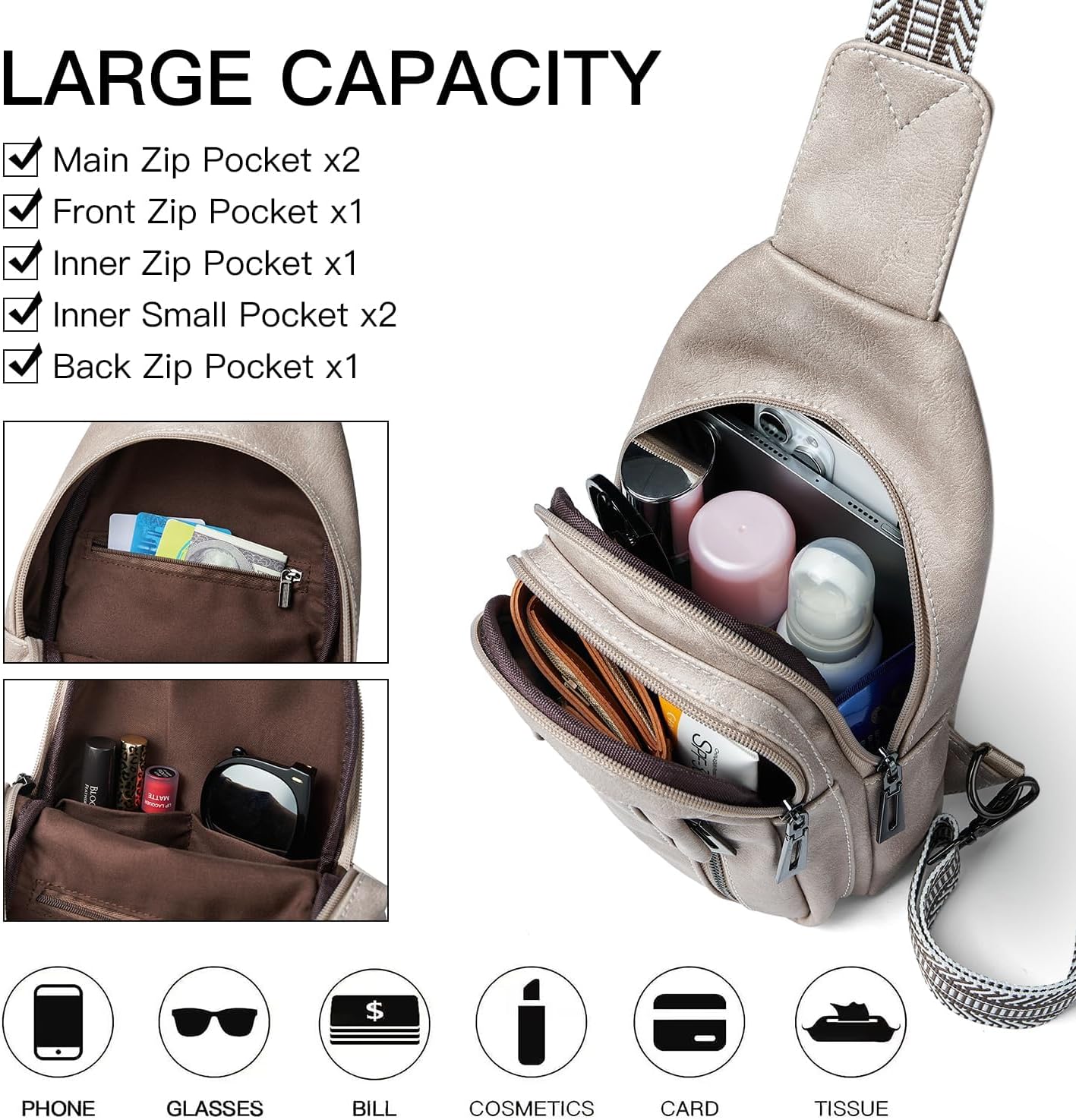 7L Sling Bag for Women Men Leather Small Sling Backpack Daypack Anti Theft Fanny Pack Crossbody Purse Travel - Image 4