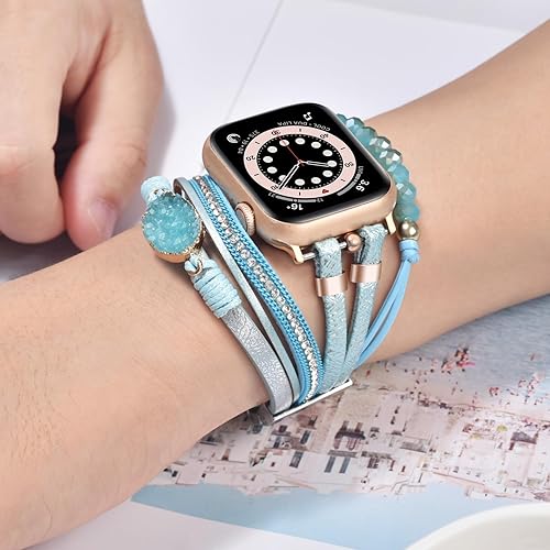 Vista 103 de VISOOM Beaded Boho Bracelet Compatible for Apple Watch Band 40mm/38mm/41mm/42mm iWatch Series 10 9 8 7 SE 6/5/4 Women Leather Fashion Cute Handmade