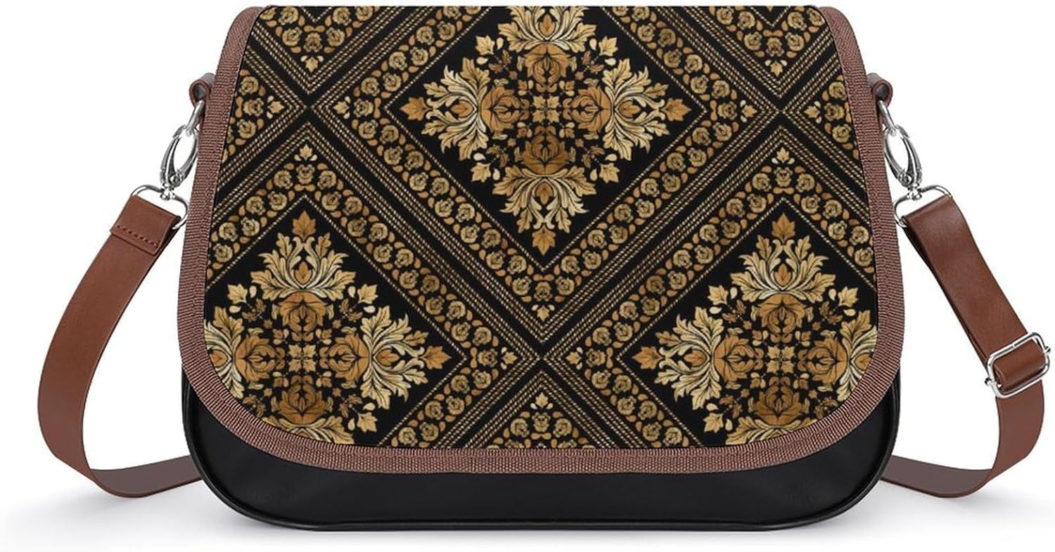 Oriental Vintage Damask Pattern - Black And GoldWomen's Faux Leather Crossbody Bag, Waterproof Wrinkle-Resistant Shoulder Bag with Detachable Strap, Large Capacity Casual Handbag, Fashion Daily Purse