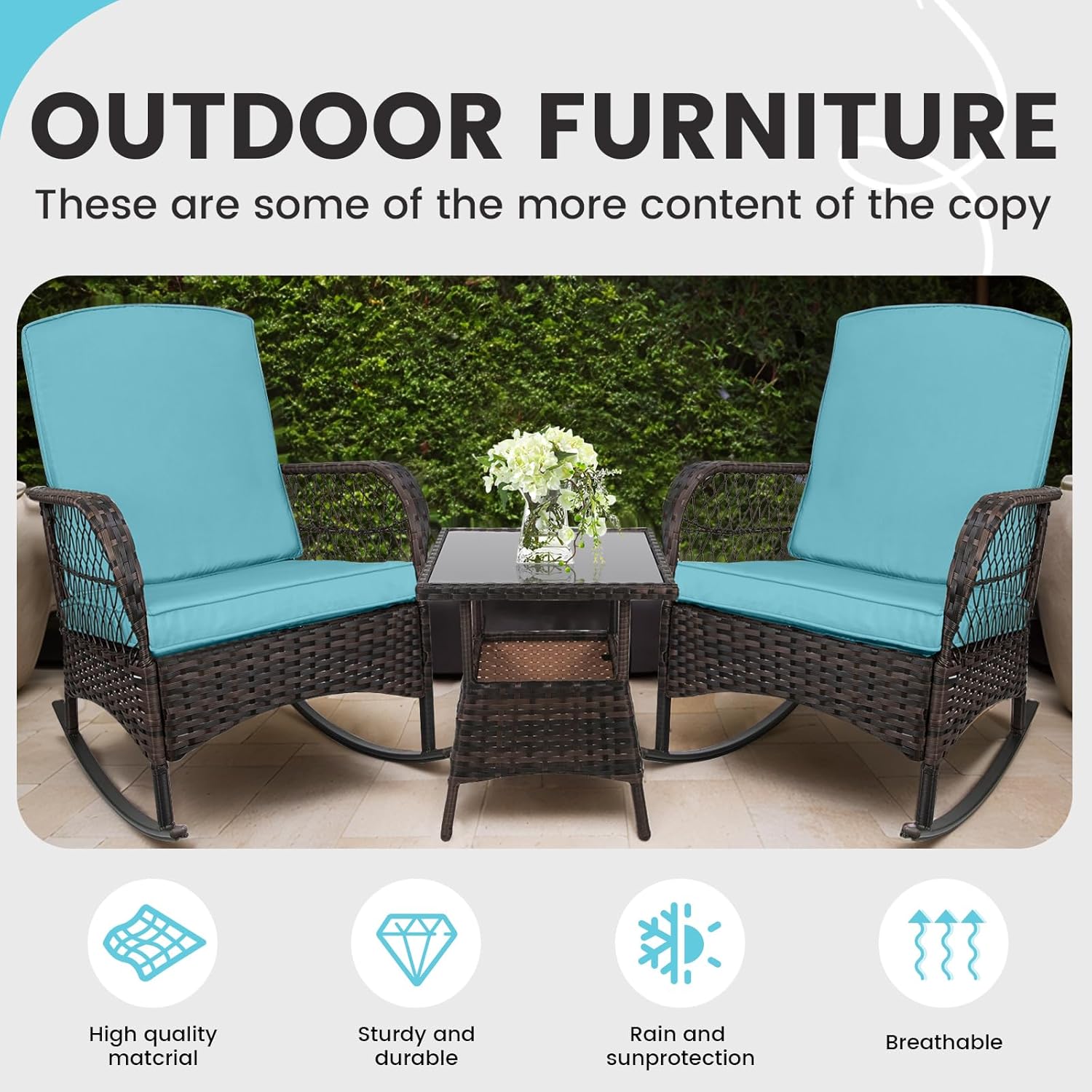 CHABATREE 3 pcs Rocking Bistro Set Conversation Chairs PE Wicker Outdoor Rocking Chairs (Lake Blue)