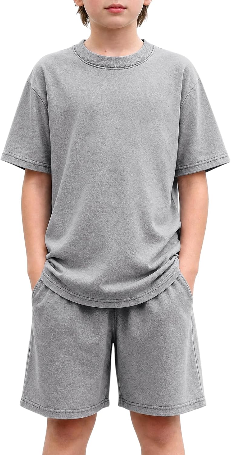 Fkatuzi Boys 2 Piece Outfits Short Sets Acid Wash Tshirt Shorts Set Washed Cotton Vintage Oversized Summer Kids Athletic Set