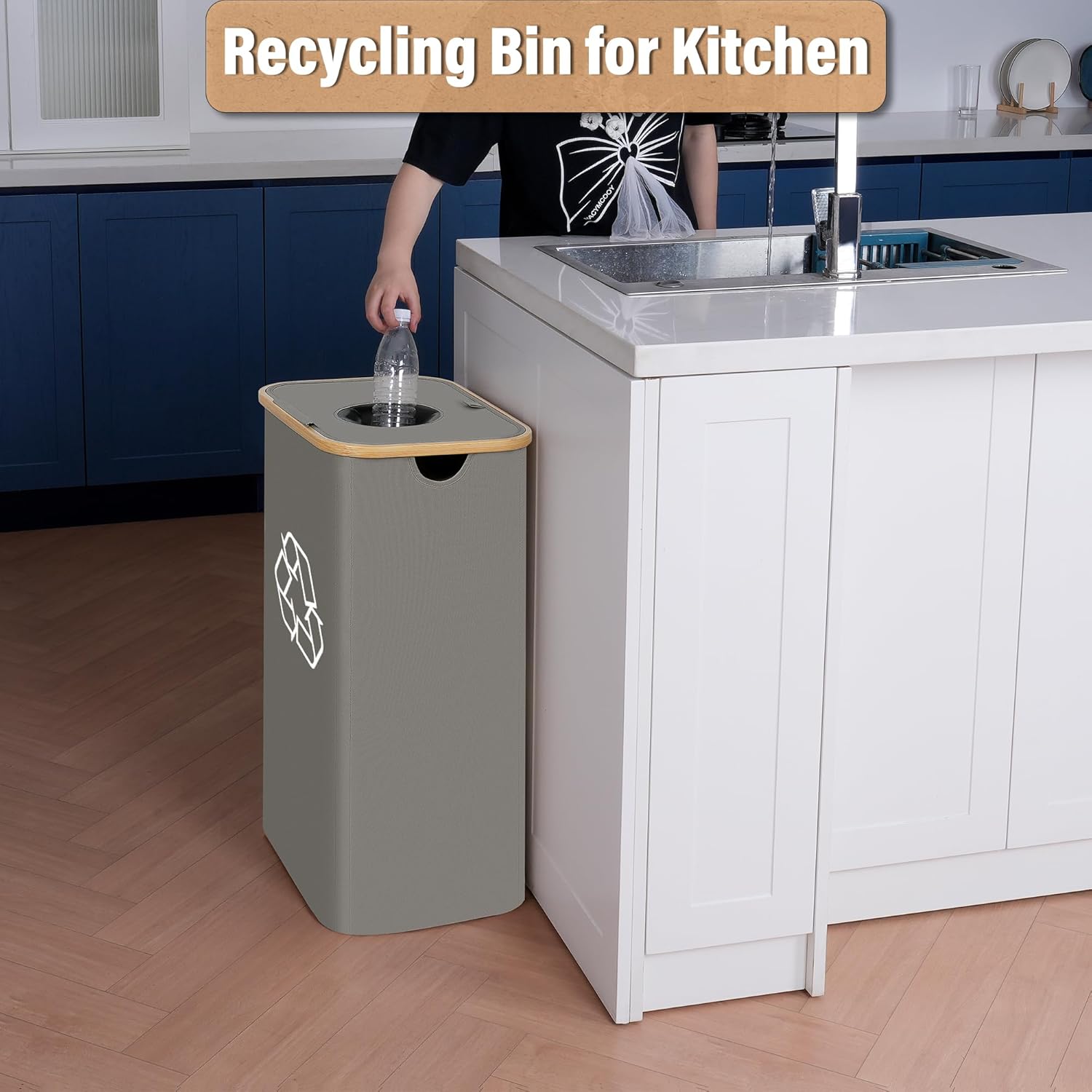 efluky Recycling Bin for Kitchen 26 Gallon, 100L Recycle Bin with 2 Removeable and Reusable Inner Bag, Large Recycling bin with lid for Bottle Can Plastice Stickers (Grey)