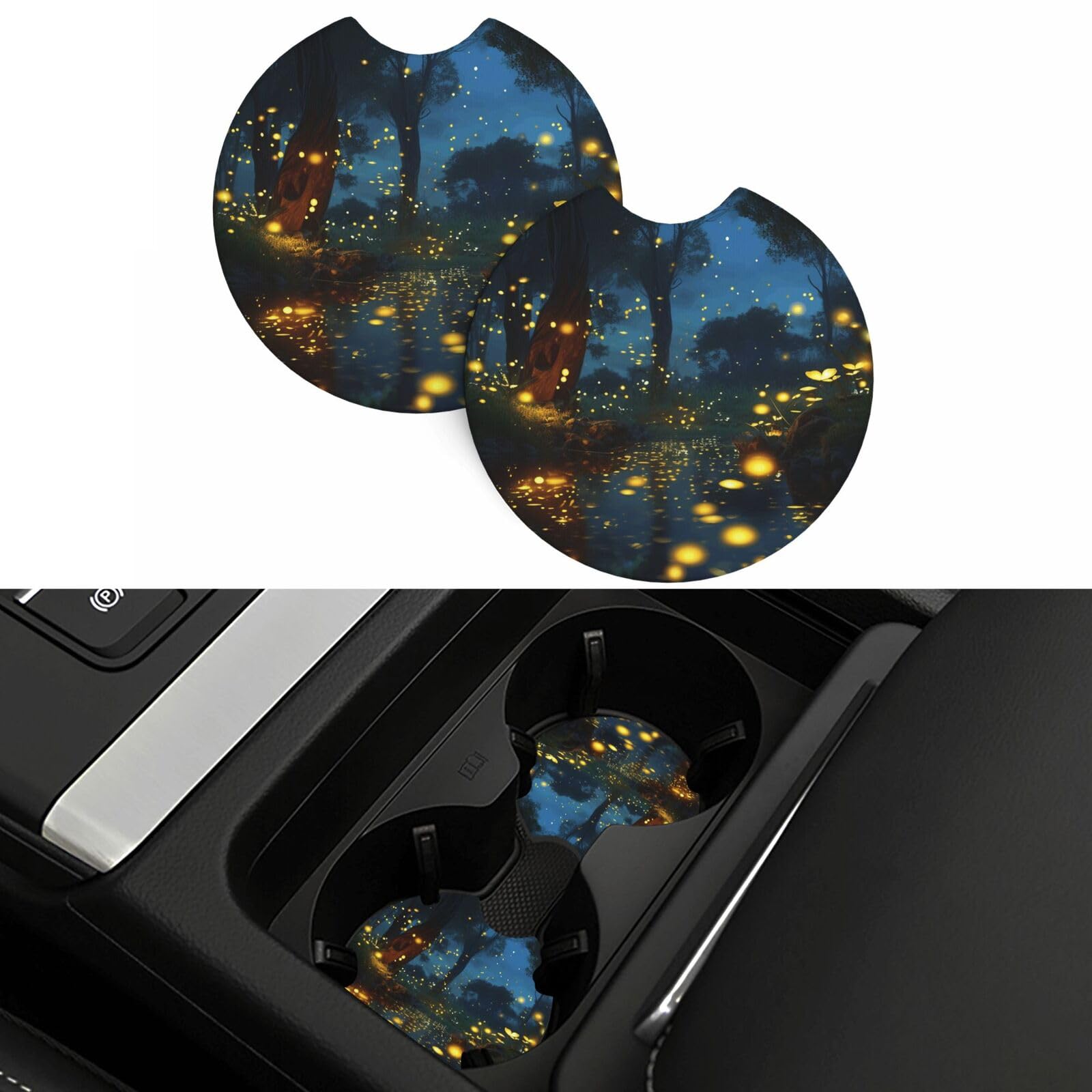 Fireflies Car Coasters 2 Pcs, Universal Non-Slip Rubber Car Cup Holder for Cup Holders, 2.75 Inch Neoprene Cup Pad Mat Coaster Car Interior Accessories for Women Men