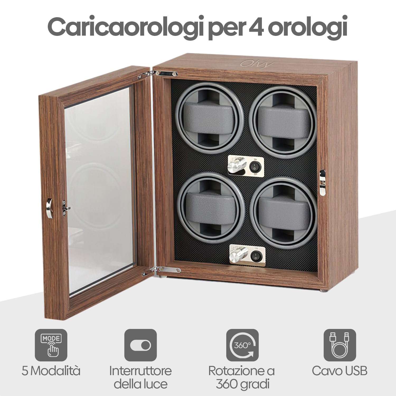 Olvy Caricatore per 4 orologi, illuminazione a LED, Watchwinder Box in legno, motore Mabuchi estremamente silenzioso, cuscino flessibile per orologi