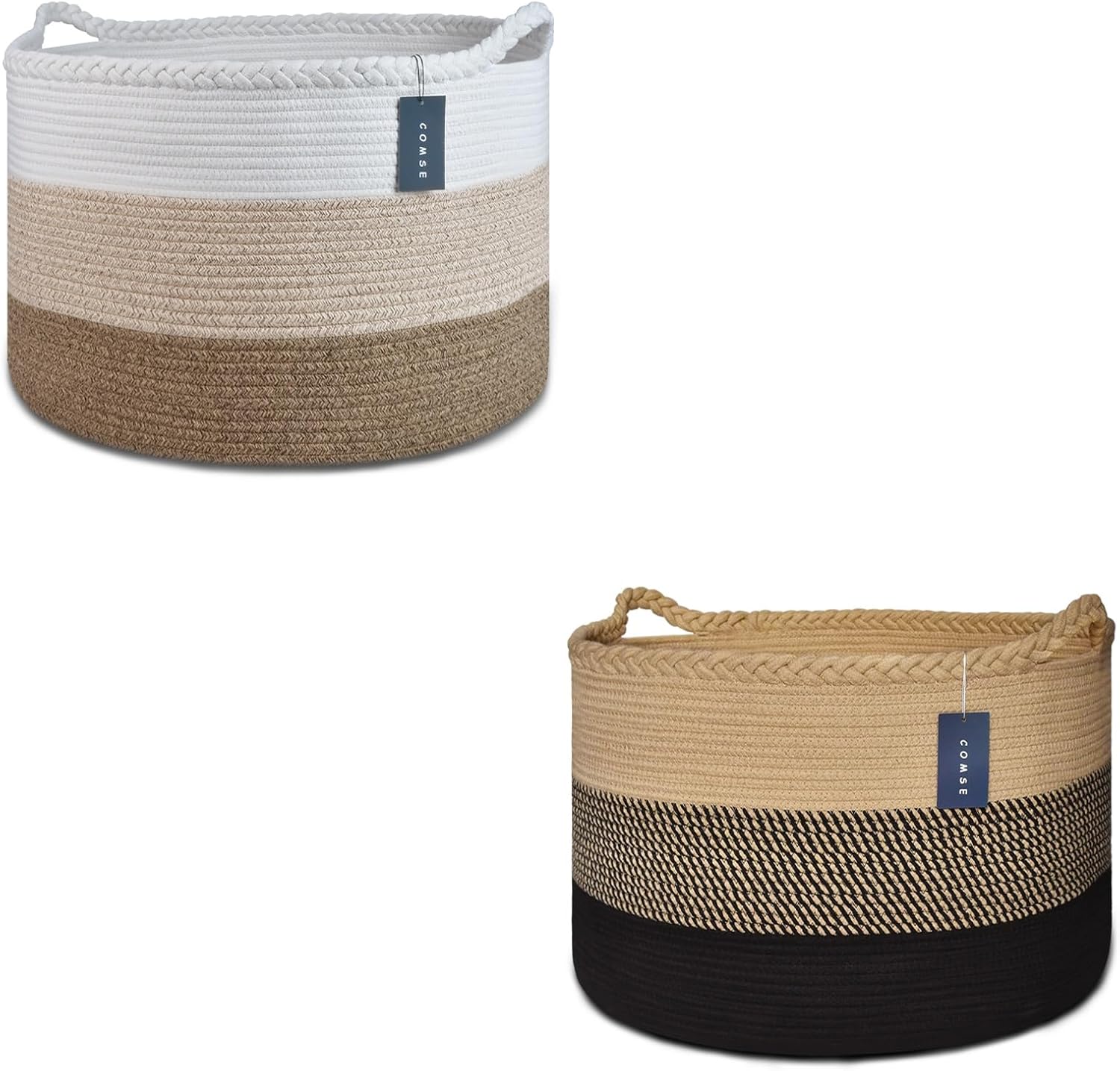 COMSE 2 Pack Large Laundry Baskets, Large Blanket Baskets, Laundry Hampers, Cotton Rope Baskets, Toy Baskets, Clothes Baskets, 21.7”x 13.8”, White/Brown and Brown/Black