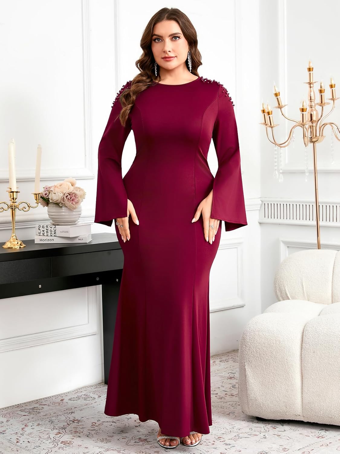 Plus Size Formal Dress Long Sleeves Maxi Mermaid Pearl Evening Gown Cocktail Party Wedding Guest Gala Dresses - Image 3