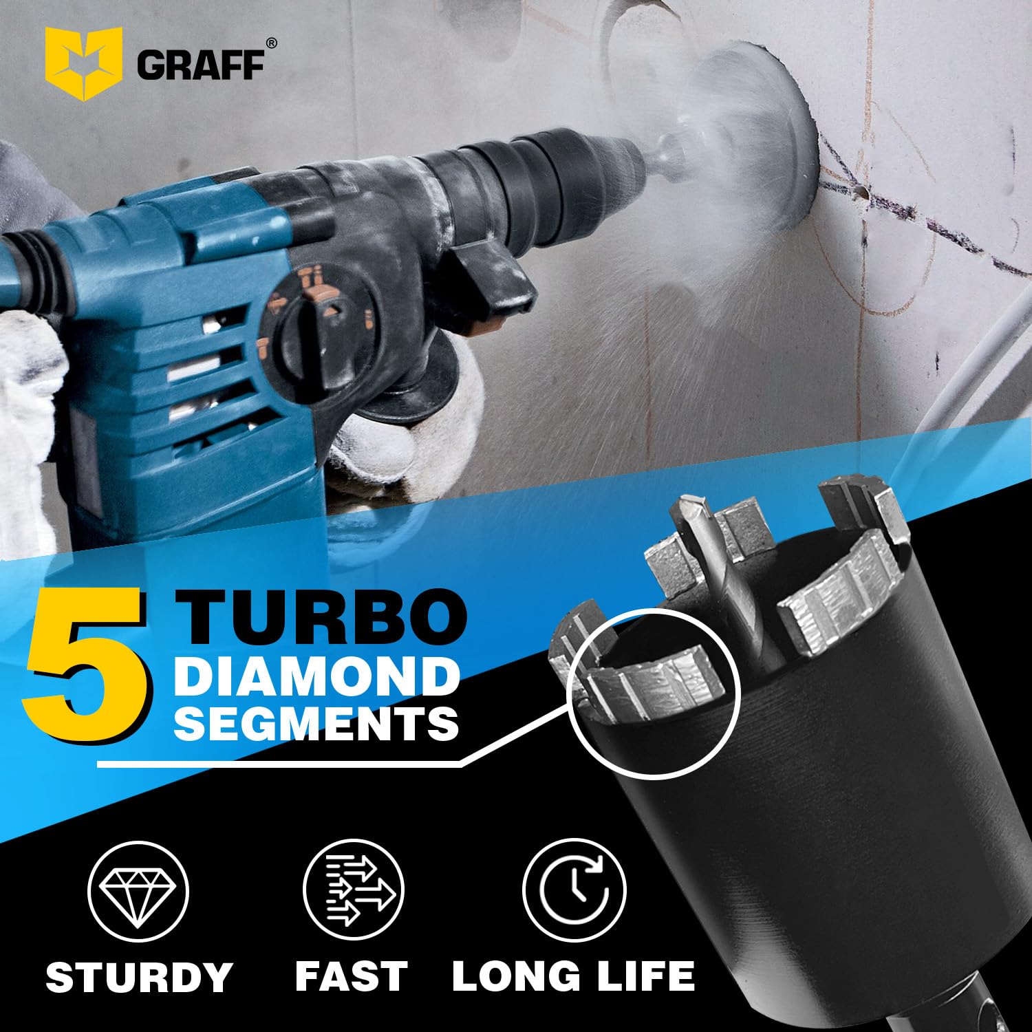 GRAFF Scie Cloche Diamant 68 mm - Foret Diamant pour Beton, Marbre, Granit, Maçonnerie - Scie Trepan avec Adaptateur SDS Plus pour Marteau Perforateur