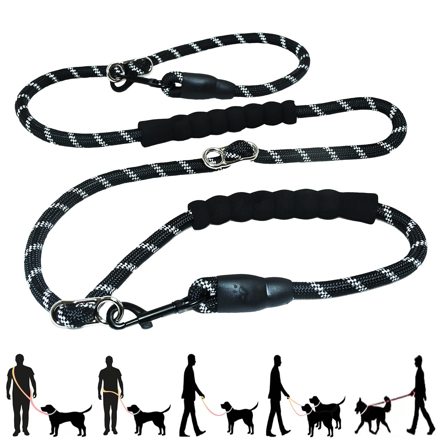 Tiesenci Hands Free Dog Lead | Waist & Crossbody Leash for Walking | 9-in-1 No Pull Heavy Duty Reflective Lead with 2 Padded Handles for Large Medium Dogs (1.2cm x 2.6m, Black)
