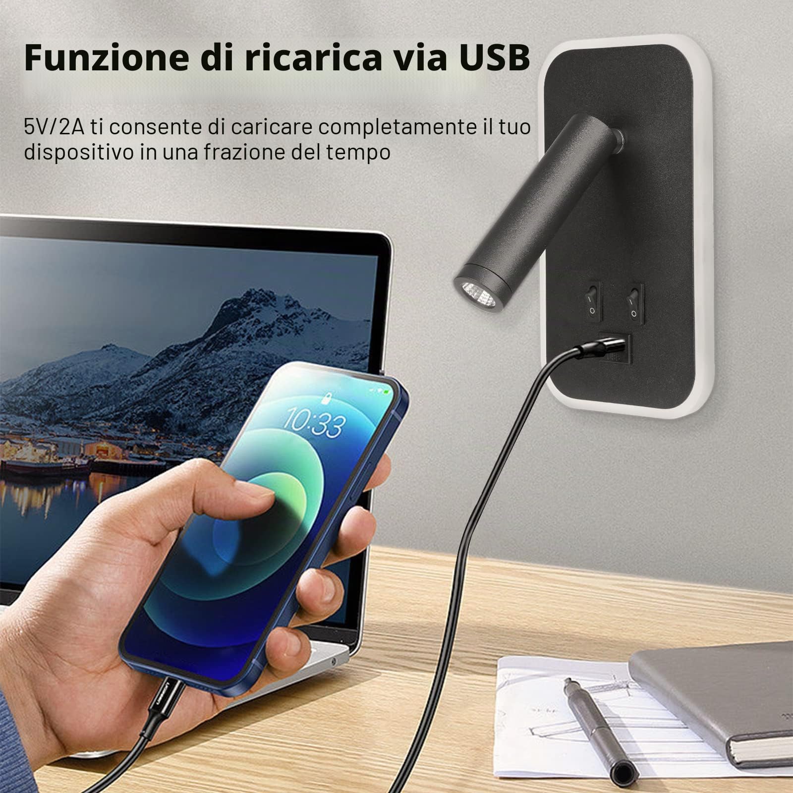 Lampada da comodino, 2 x applique da parete a LED con interruttore e ricarica USB, 3 W + 9 W, 3000 K, fissaggio a parete, faretto girevole, luci da parete, letto, lampada da parete, corridoio
