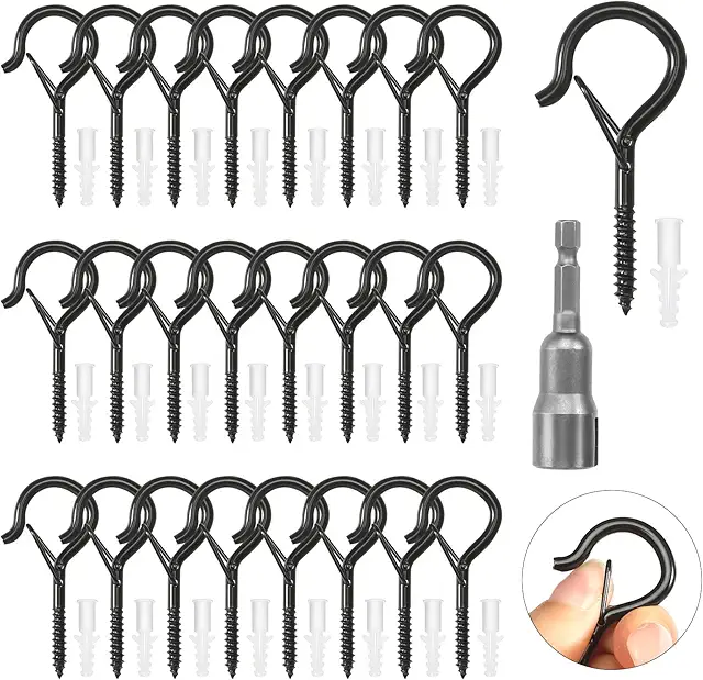 HFDONGL 25 Black Stainless Steel Screw Hooks for Ceiling - M4 Hooks with Safety Buckle