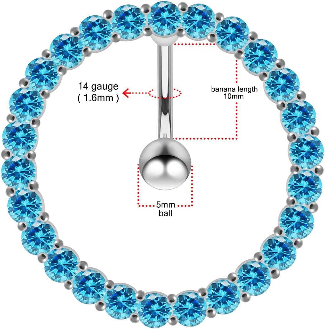 Cz Gemstones Fancy Studded Circular Reverse Bar Design 925 Sterling Silver with Stainless Steel Belly Ring - Belly Button jewelry - Navel jewelry
