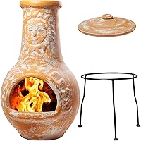 WIOSI Medium Clay Chiminea Outdoor Fireplace - 16x16x32 Yellow Terracotta Patio Fire Pit with Rain Lid & Metal Stand