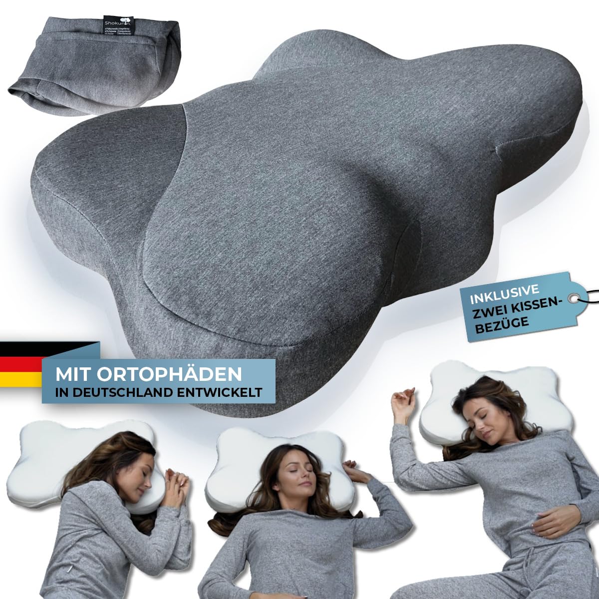 Shokunin Nackenstützkissen Orthopädisches Kissen Memory Foam 60x40 grau Anti Schnarch Seitenschläferkissen