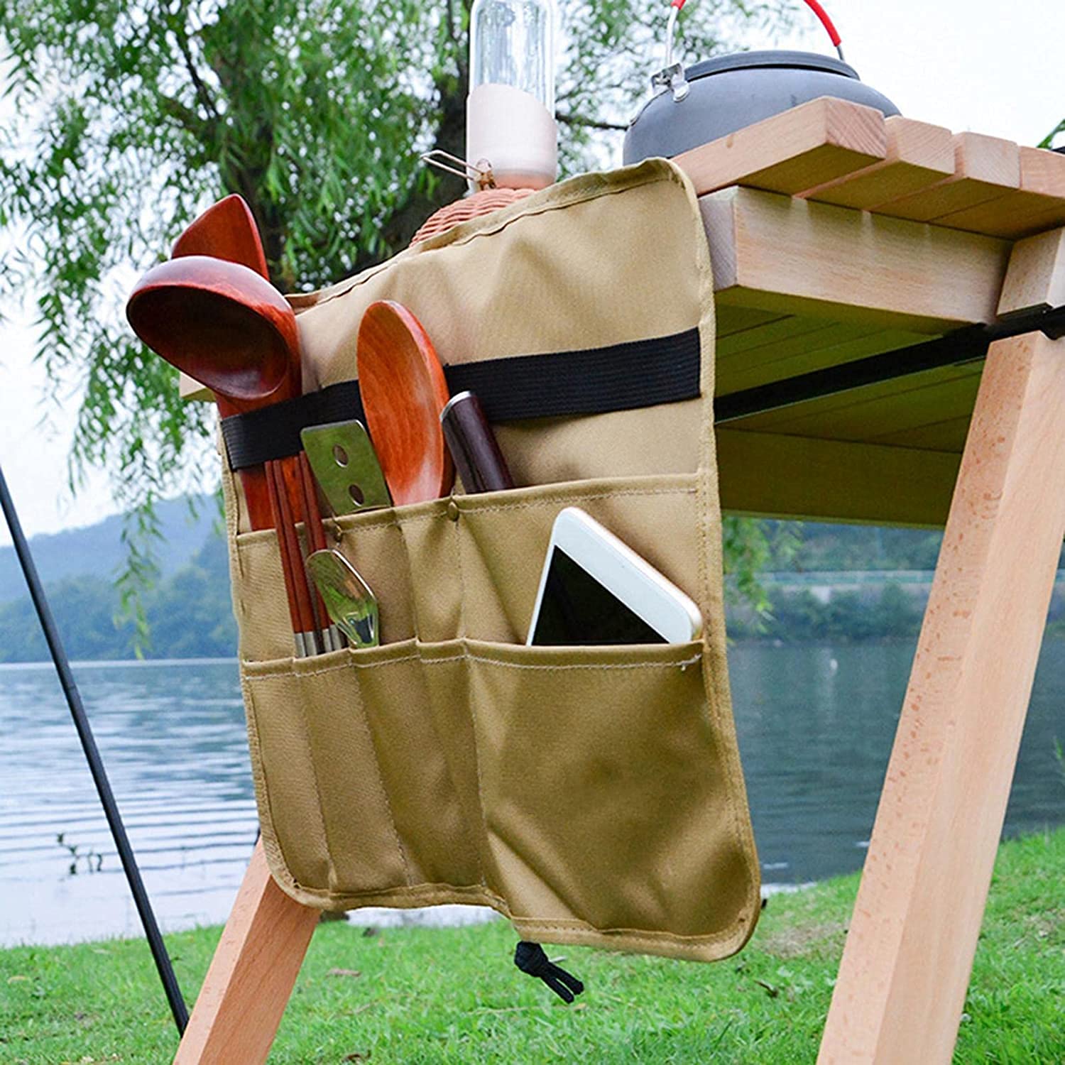 PWPAM Camping Tableware Storage Bag Picnic Cutlery Organizer Cooking Utensils Hanging Bag (Square, Khaki)
