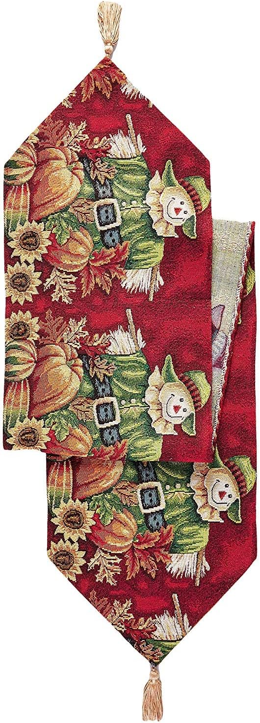 Violet Linen Fall Harvest Thanksgiving Autumn Leaves Sunflowers Fruits Pumpkins Tapestry Pattern, Polyester Cotton Woven Tapestry , Scarecrow, 13 Inch x 70 Inch, Decorative Table Runner