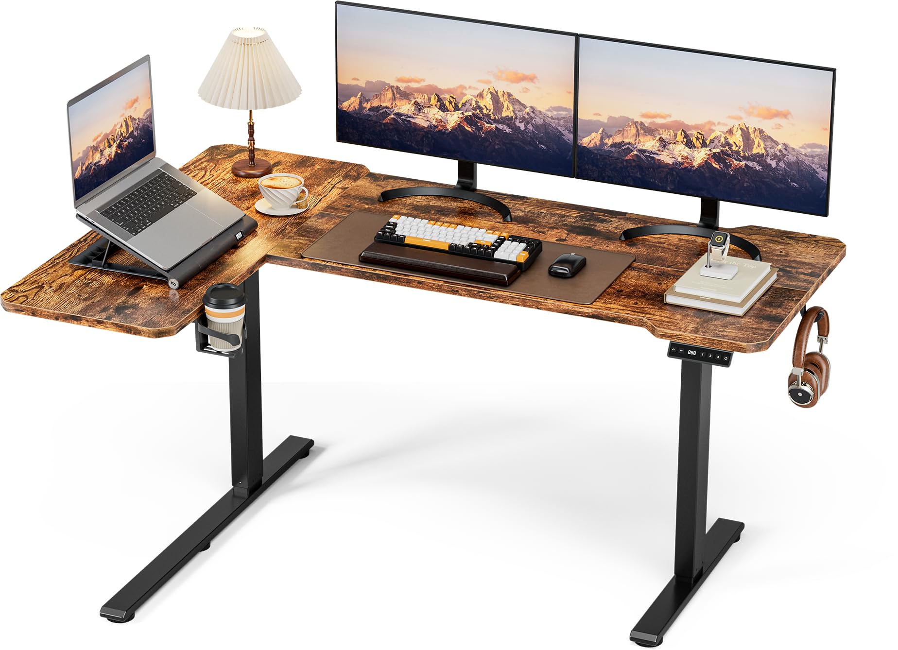 59 Inch L Shaped Standing Desk Electric Adjustable Height, Corner Standing Desk, Electric Sit Stand Table with Reversible Splice Boards for Computer Office Home (Rustic Brown)