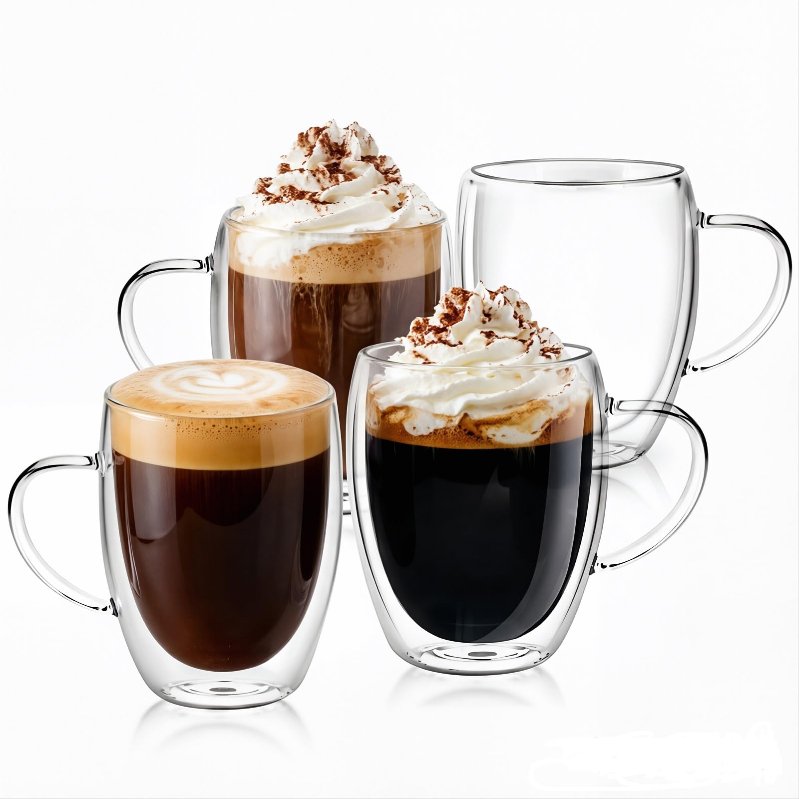Goldmeet Double Walled Coffee Glasses Mugs, 4 Pack, 350ml/12oz Insulated Latte Glasses Cups with Handles, Heat Resistant Borosilicate, Glasses Cup for Coffee Tea Milk Juice Ice Cream — image 1