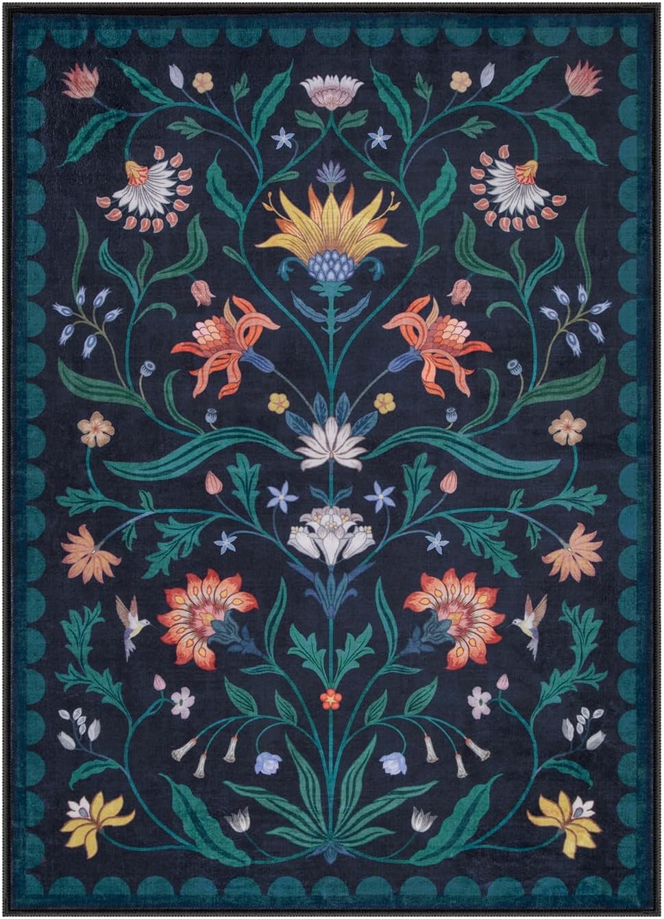 Lahome Boho Floral Washable Blue 5x7 Area Rugs for Living Room, Non Slip Rugs for Bedroom Entryway, Indoor Ultra-Thin Throw Dining Room Carpet for Under Table Kitchen Dorm(Dark Blue,5x7) - Image 8