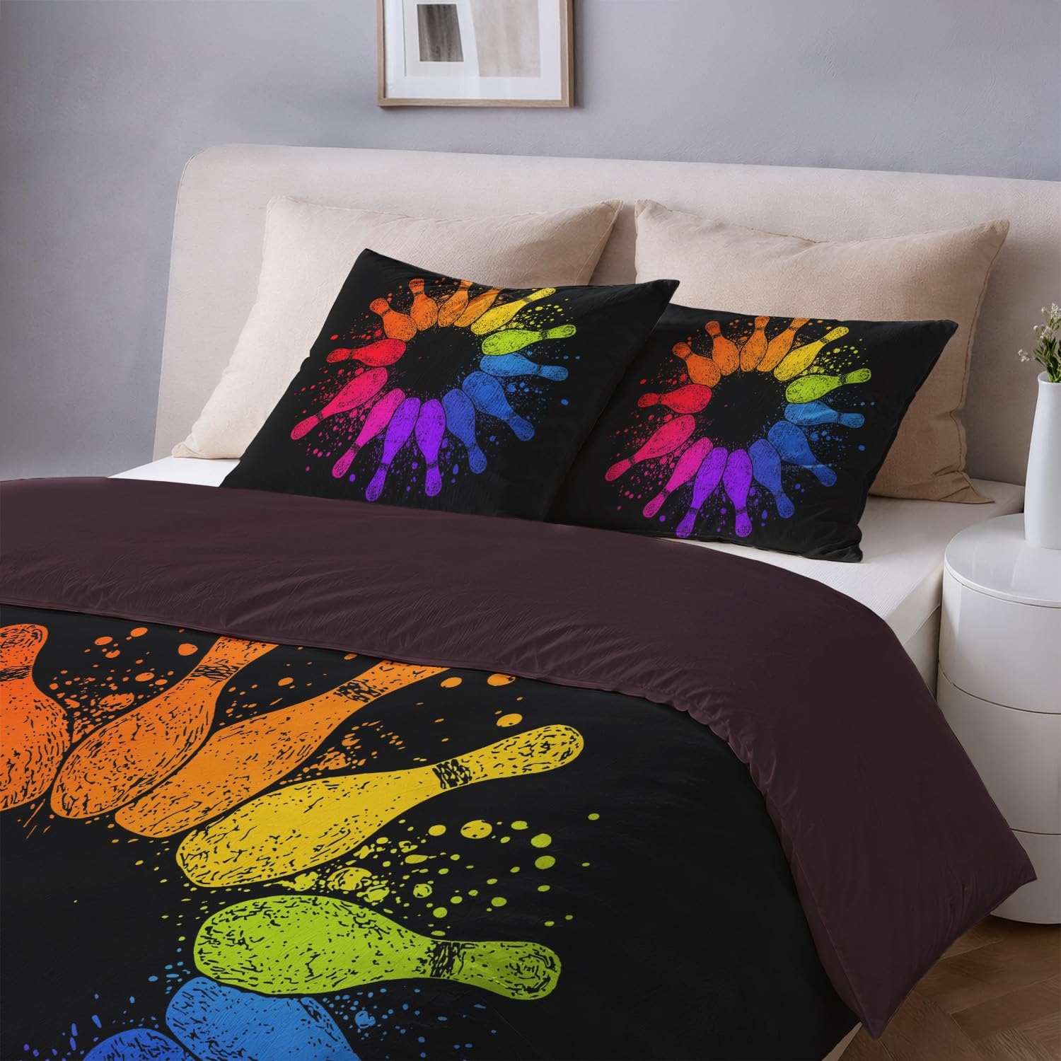 Generisch 3-częściowy komplet pościeli 220 x 240 cm, sportowy stożek do kręgli dla młodych dorosłych, miękka poszewka z mikrofibry z zamkiem błyskawicznym, przyjazna dla skóry, artystyczna, czarna