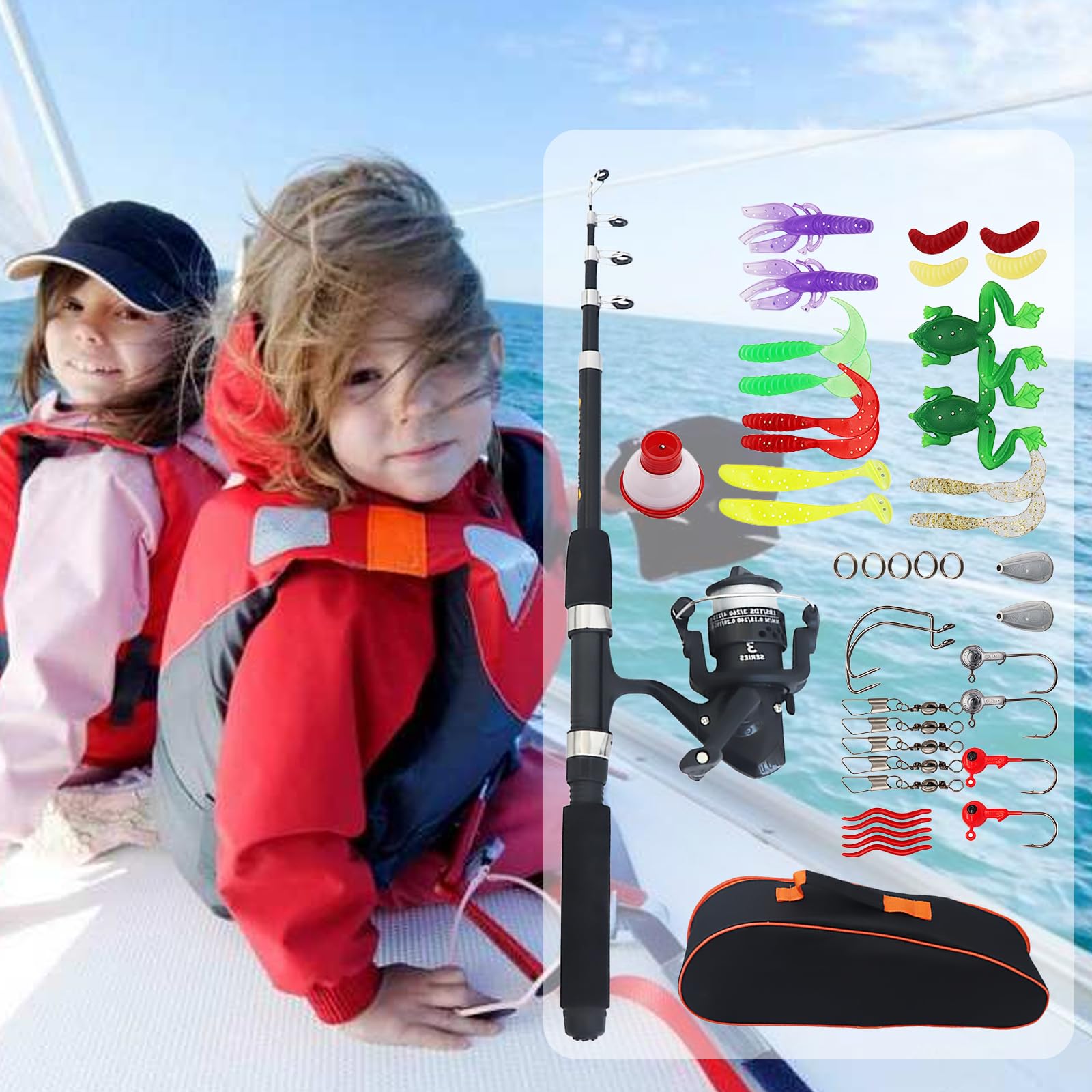 Kit de pêche pour enfants, kit de démarrage de 1,5 m, canne à pêche pour enfants, avec moulinet, leurres et sac de transport, canne à pêche télescopique en fibre de carbone, pour enfants de 3 à 10 ans