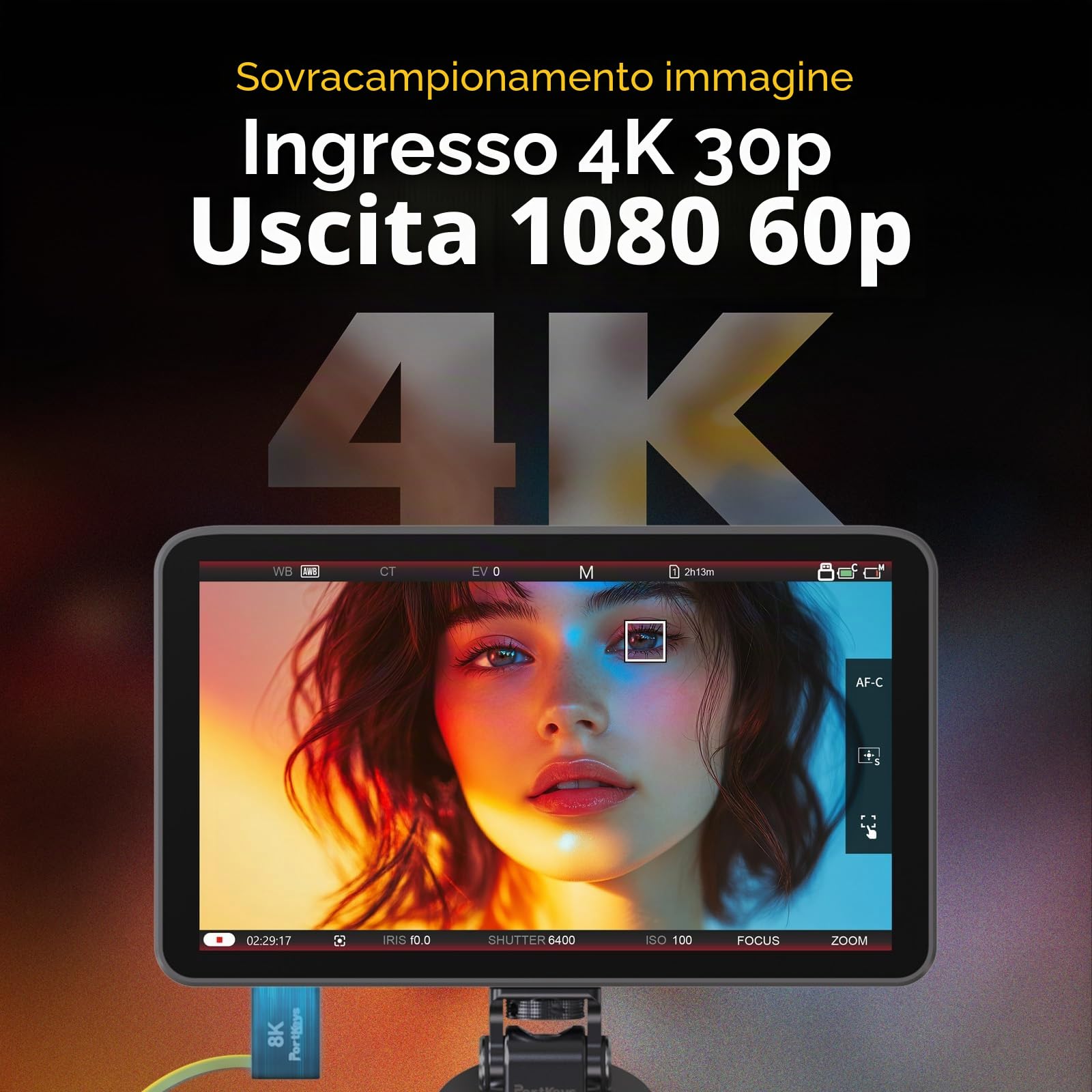 Portkeys LH7C Monitor da Campo 7" con Controllo Fotocamera Monitor Esterno HDMI 4K Touch Focus 1000 Nits Output 3D LUT, Cavi controllo e HDMI inclusi