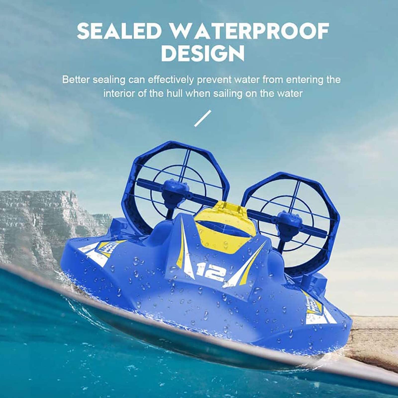 2.4GHz Bateau Télécommandé pour Aéroglisseurs Terrestres et Aquatiques Double Pouvoir, Rappel de Batterie Faible, Cadeaux de Jouets Nautiques pour Enfants et Adultes, Bleu