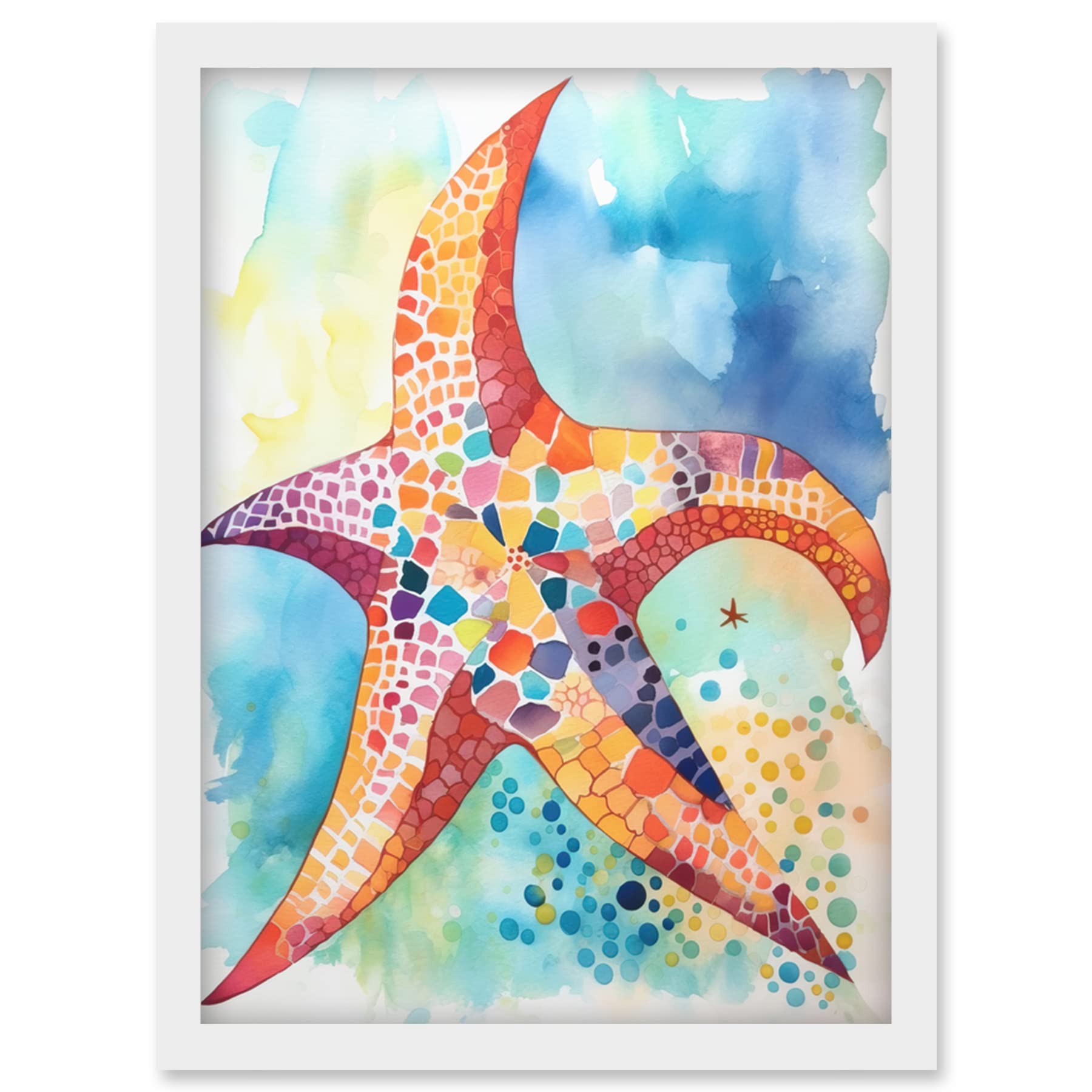 Artery8 Abstract Mosaic Starfish Folk Art Artwork Framed Wall Art Print A4