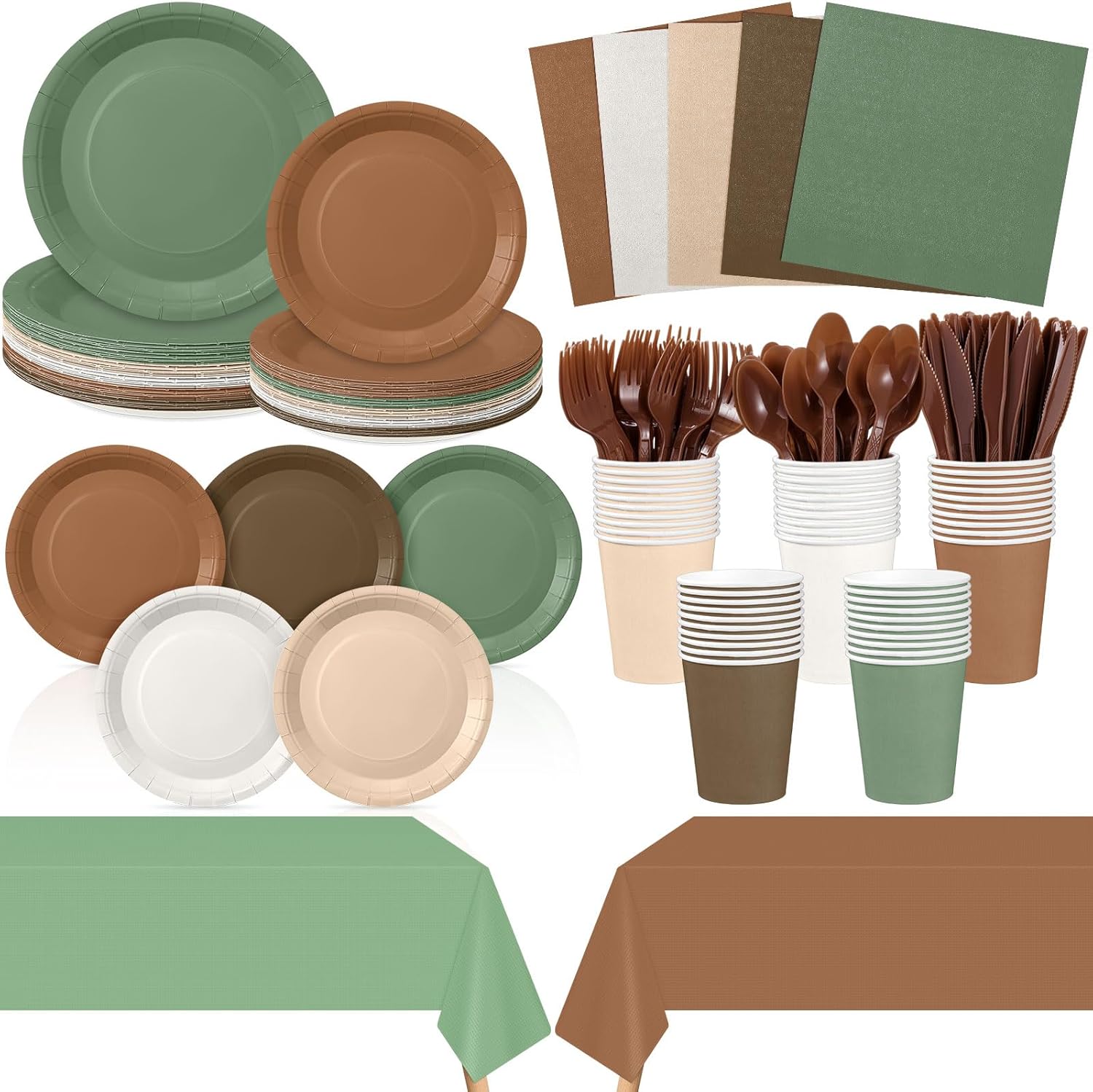 Mimorou Woodland Baby Shower Decorations Sage Green and Brown Tablecloth Plates Cup and Napkins Party Supplies Forest Animal Spoon Fork Knife Tableware Set for Birthday, Neutral(177 Pcs)