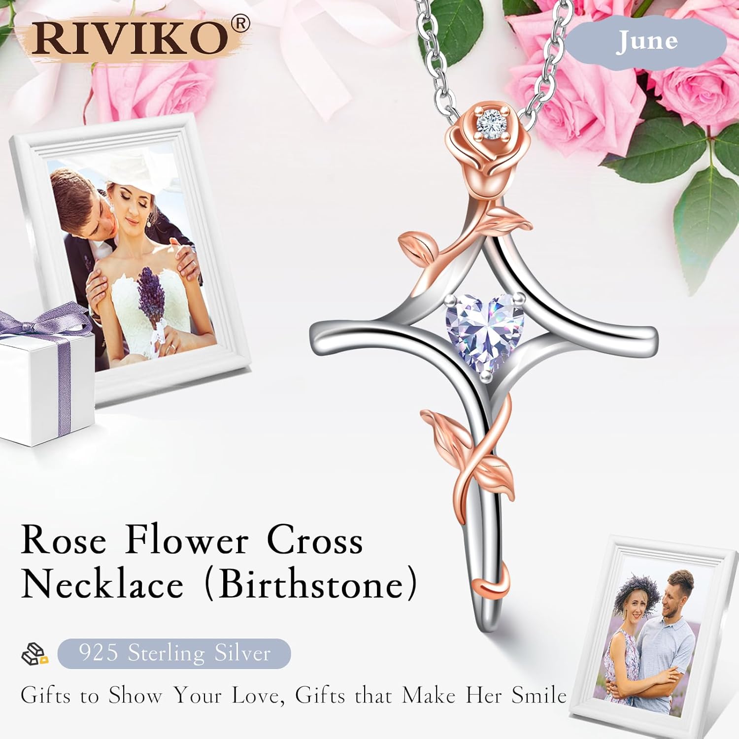 RIVIKO Rose Flower Cross Necklace for Women,925 Sterling Silver Birthstone Necklaces Heart Pendant,Cross Jewelry Anniversary Birthday Gifts for Women Wife Mom Lady - Image 2