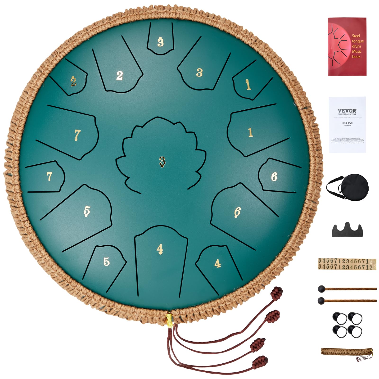 VEVOR Tamburo con Lingua in Acciaio, 356 mm 15 Toni, Tamburo da Pioggia da Giardino per Esterni, Chiave di Do Maggiore, Tamburo da Serbatoio, 2 Bacchette e Borsa per Trasporto, Tamburo Handpan, Verde