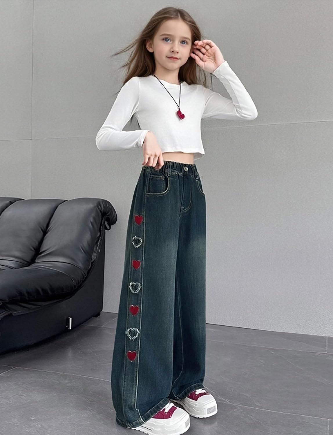 SEAUR Girls Baggy Cute Jeans Teen Wide Leg Flare Pants Denim Hip Hop Teen Y2K High Waist Sweatpants 5-13 Years