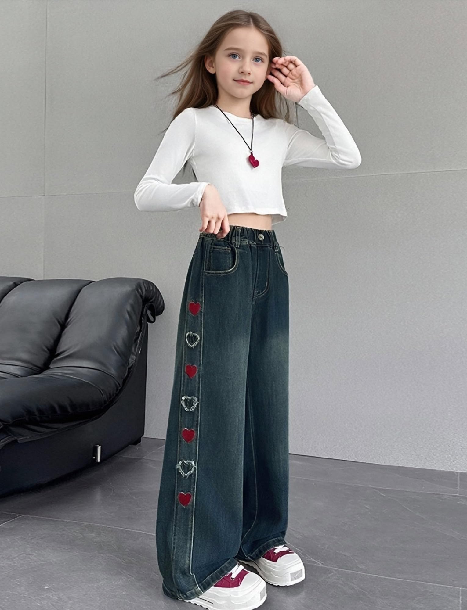 Vaqueros de Pierna Recta para Niña Pantalones de Denim Cintura Elástica Pantalones de Algodón Cómodo Jean Bordado Transpirable 5-13 Años