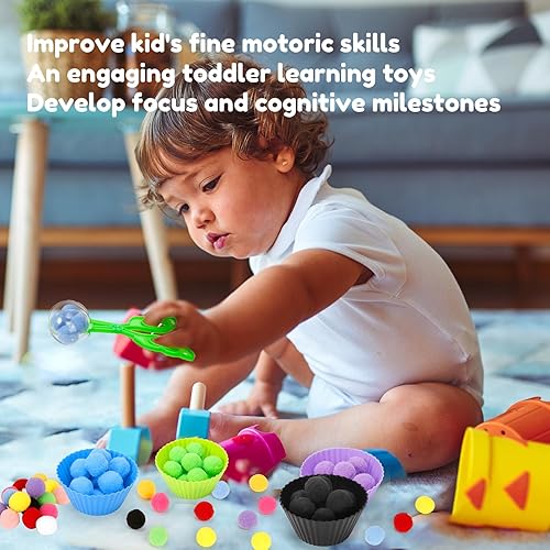 Miniatura 7 de iCraftine 114 piezas de relleno sensorial de habilidades motoras finas, incluye 10 cuencos de clasificación, 100 pompones, 2 pinzas, 2 tijeras de