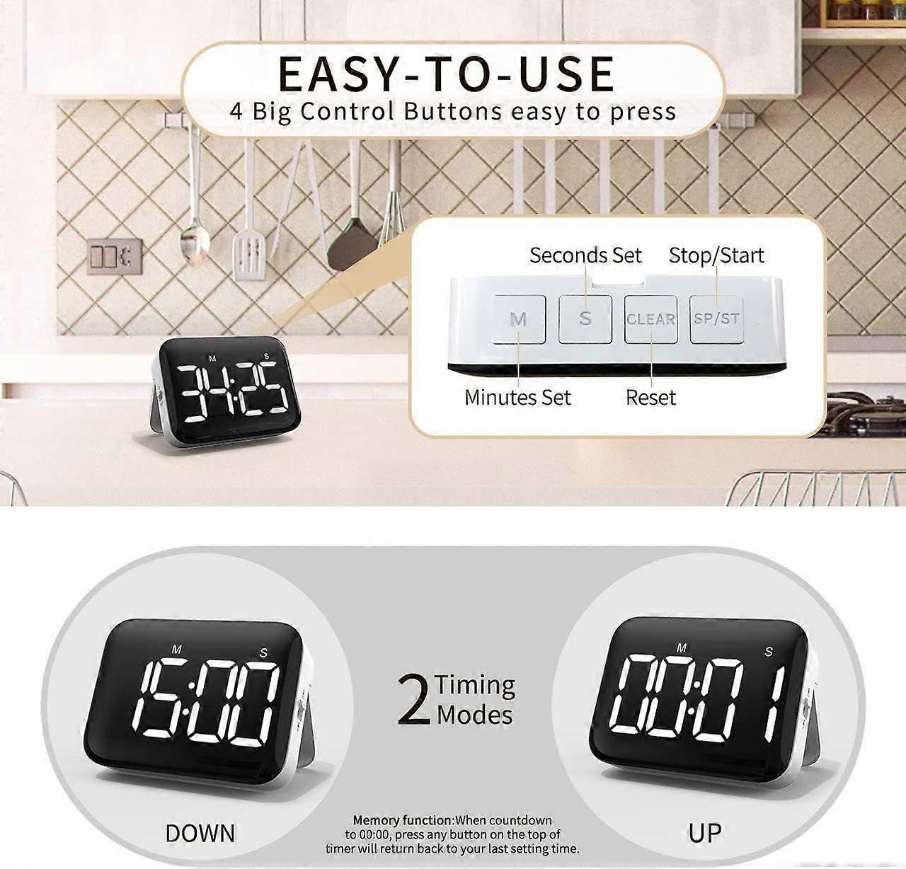 Temporizador digital de cocina con pantalla LED grande, temporizador magnético con brillo ajustable y soun