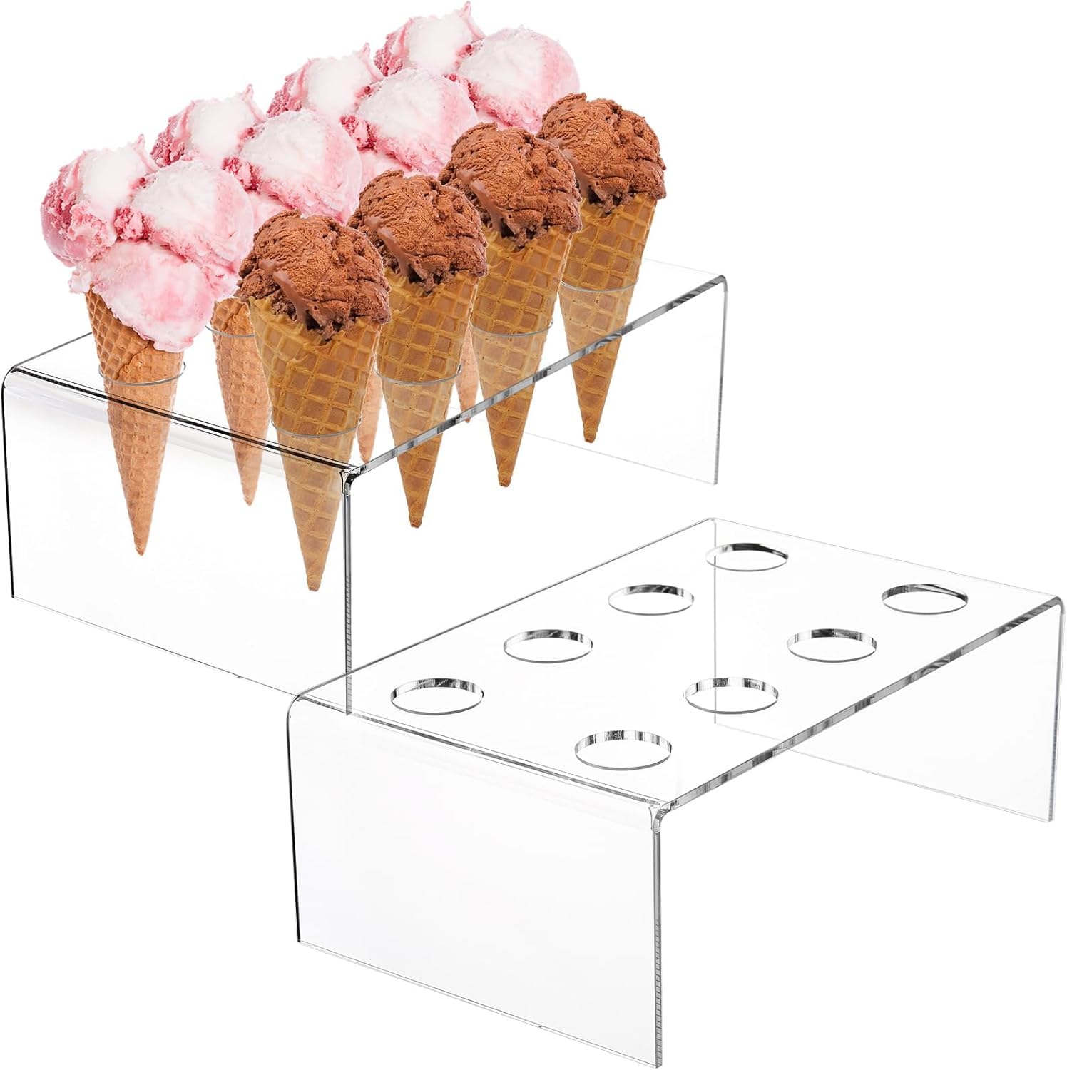Kingrol 2 Pack 8 Hole Ice Cream Cone Stands, Break Resistant Temaki Stands, Clear Acrylic Cone Display Stands for Weddings Parties Decor