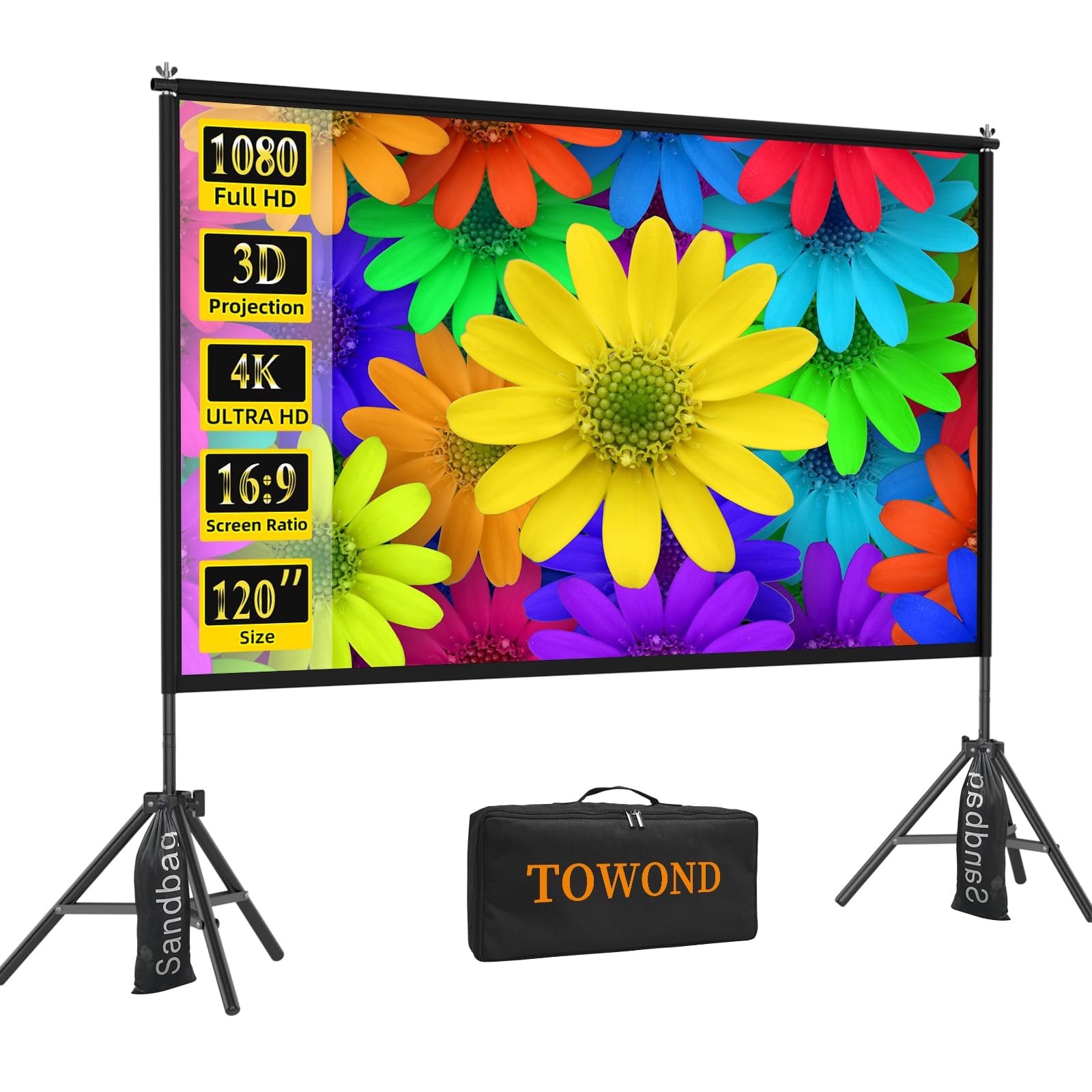 TOWOND Pantalla y soporte de proyector de 120 pulgadas, pantalla de proyección portátil HD 16:9 ajustable para interiores y exteriores, proyección frontal y trasera, bolsa de transporte incluida para
