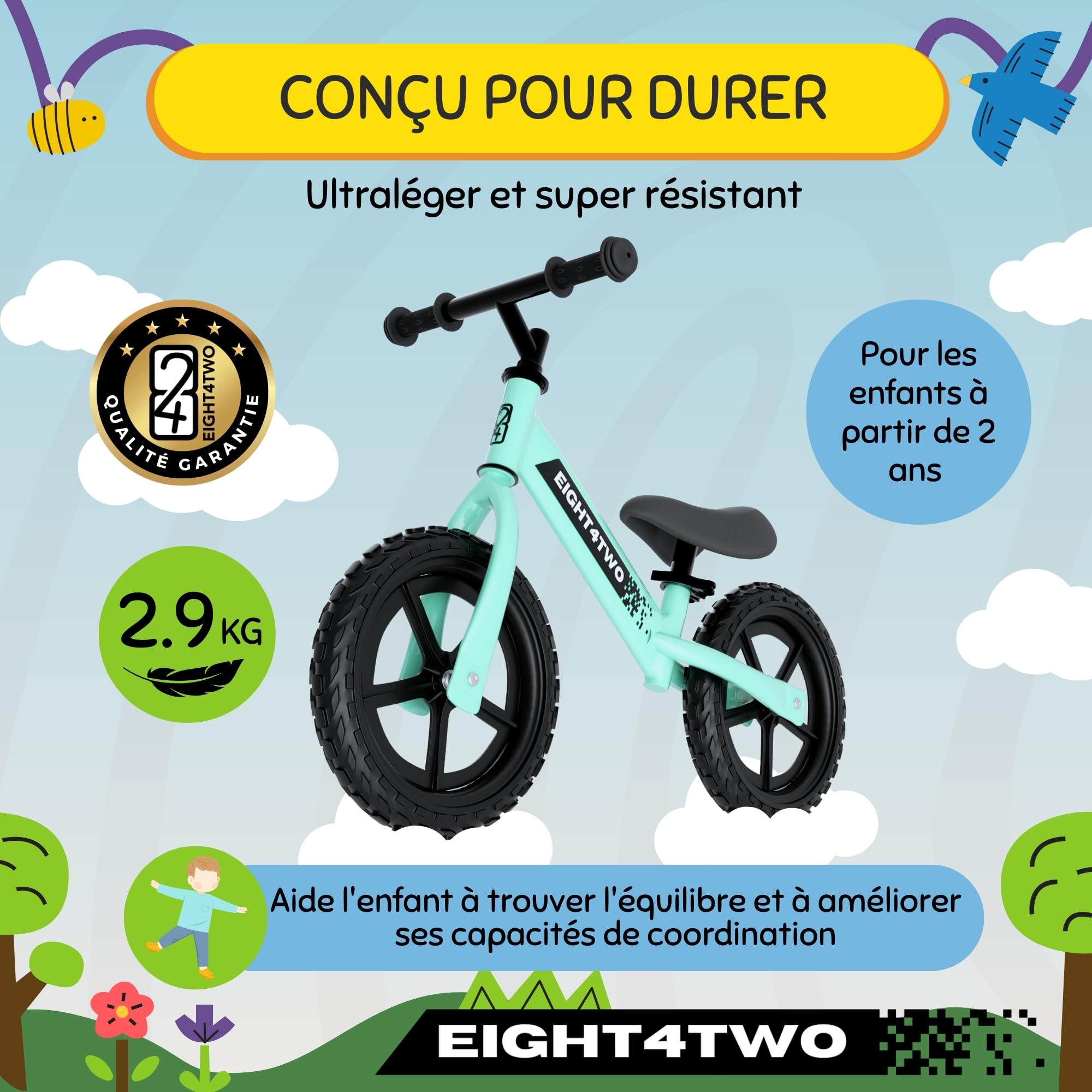 EIGHT4TWO Vélo sans pédales pour enfant 2, 3, 4 et 5 ans, idéal pour équilibre, jouets pour enfants de 2, 3, 4 et 5 ans.