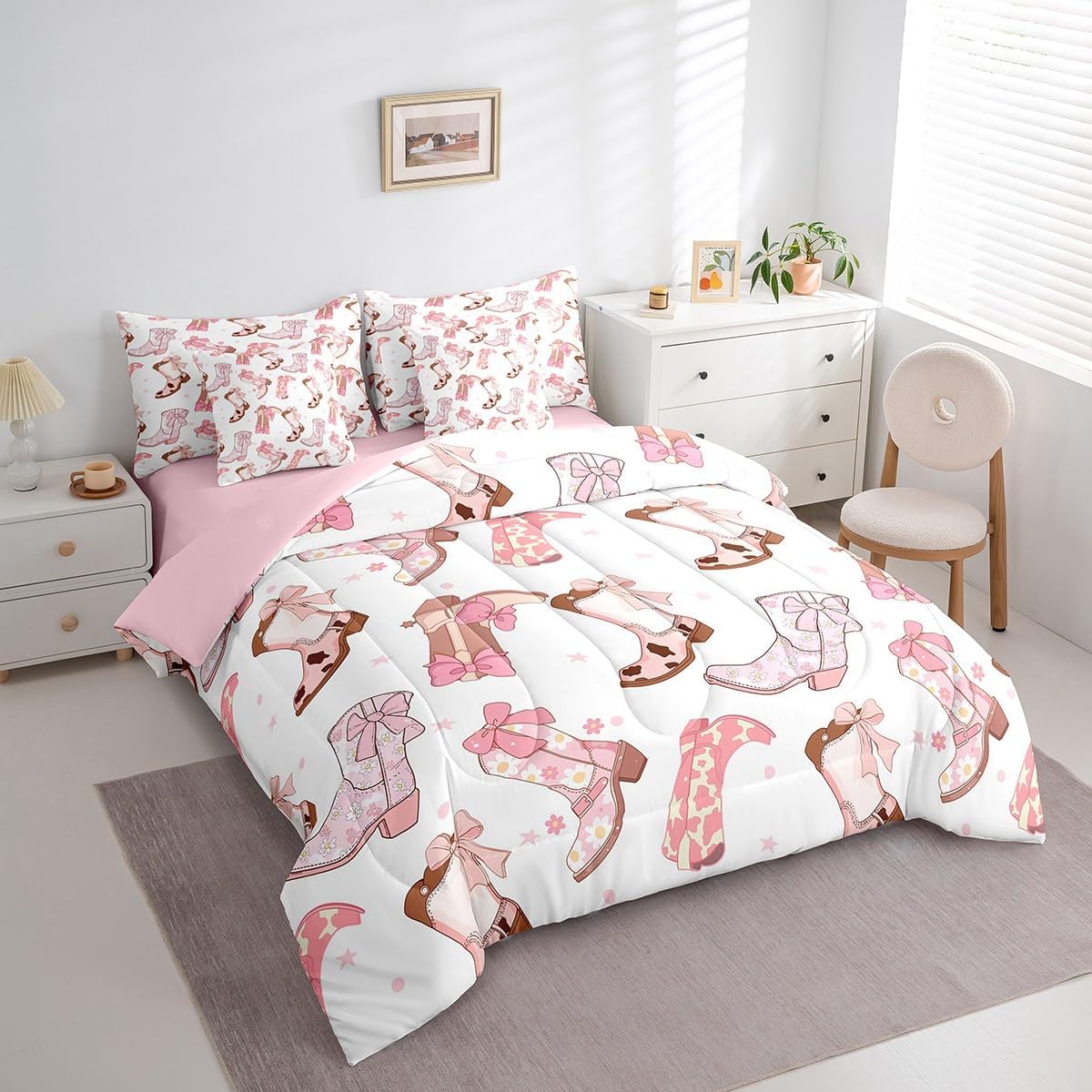 Feelyou Cowgirl Western Comforter Set with Sheets Pink Cowgirl Bowknot Bed in a Bag for Kids Boys Girls Bedroom Bed Decor Cowboy Boots Horseshoe 7 Piece Bedding Set Twin Size Wild West Soft Bed Set