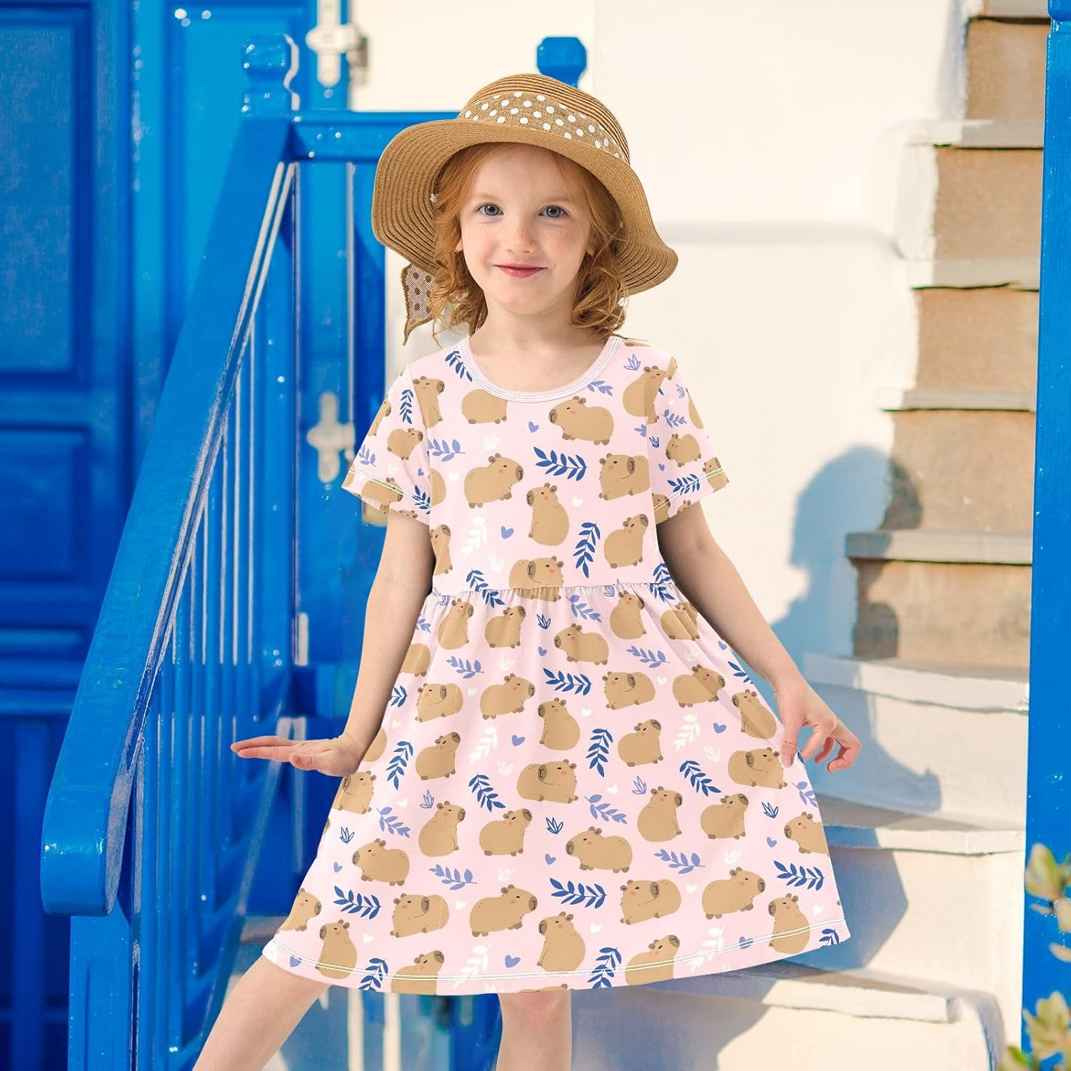 senya Summer Girl Dresses Cute Capybara with Leaves Toddler Short Sleeve A-line Dress Casual Sundress - Image 7